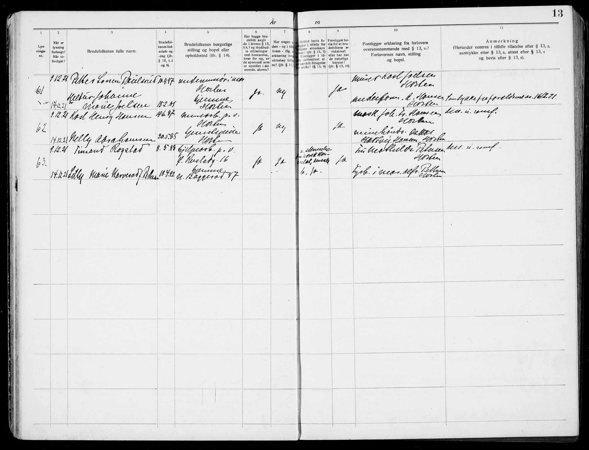 Horten kirkebøker, AV/SAKO-A-348/H/Ha/L0006: Banns register no. 6, 1920-1934, p. 13