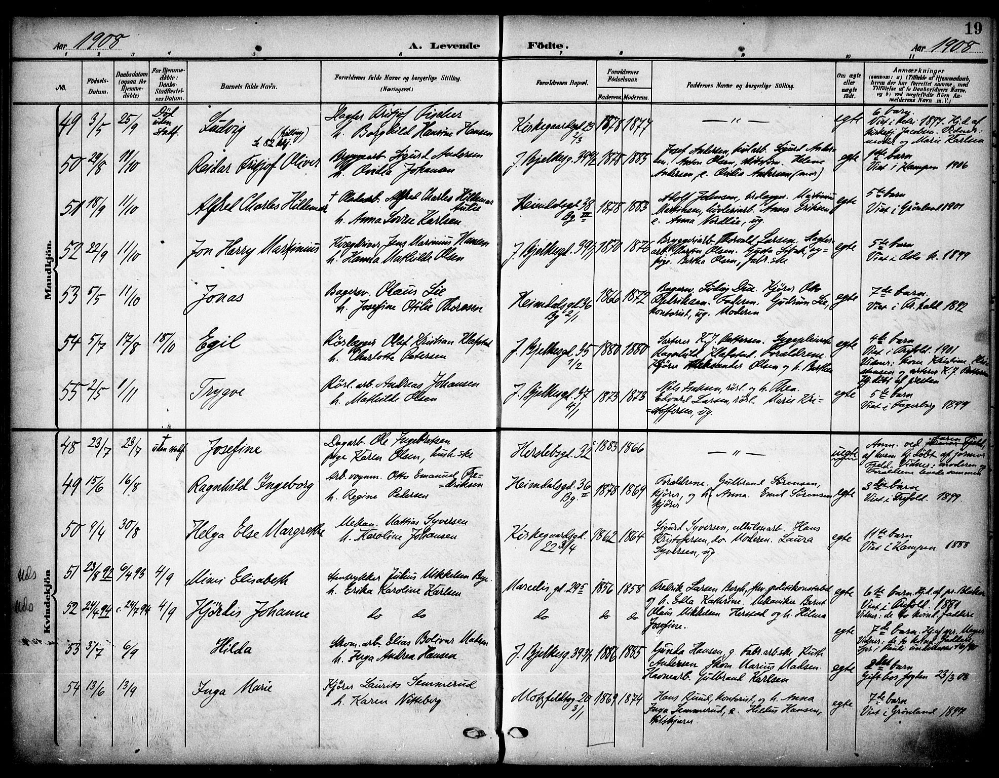 Tøyen prestekontor Kirkebøker, AV/SAO-A-10167a/F/Fa/L0001: Parish register (official) no. I 1, 1907-1916, p. 19