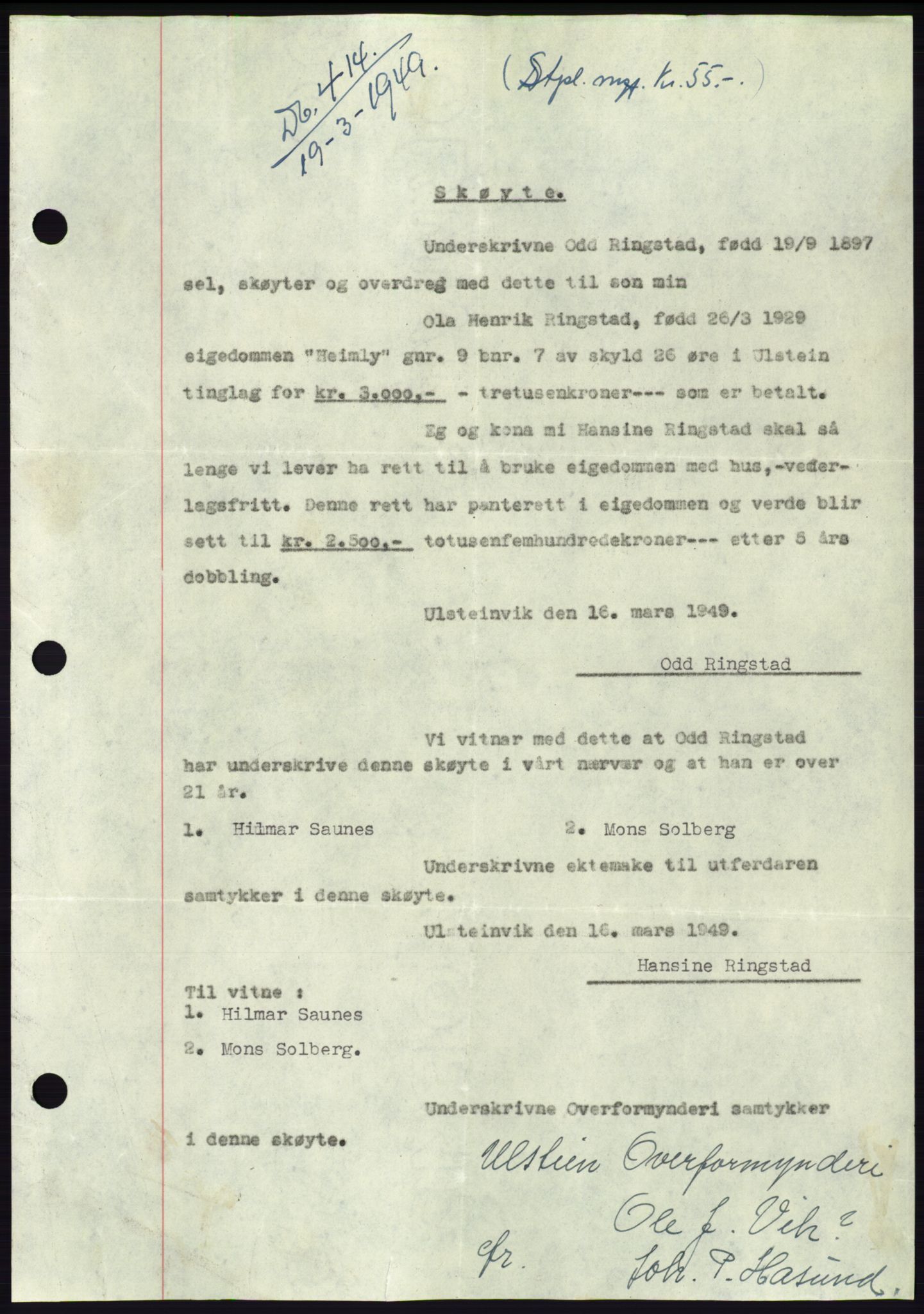 Søre Sunnmøre sorenskriveri, AV/SAT-A-4122/1/2/2C/L0084: Mortgage book no. 10A, 1949-1949, Diary no: : 414/1949