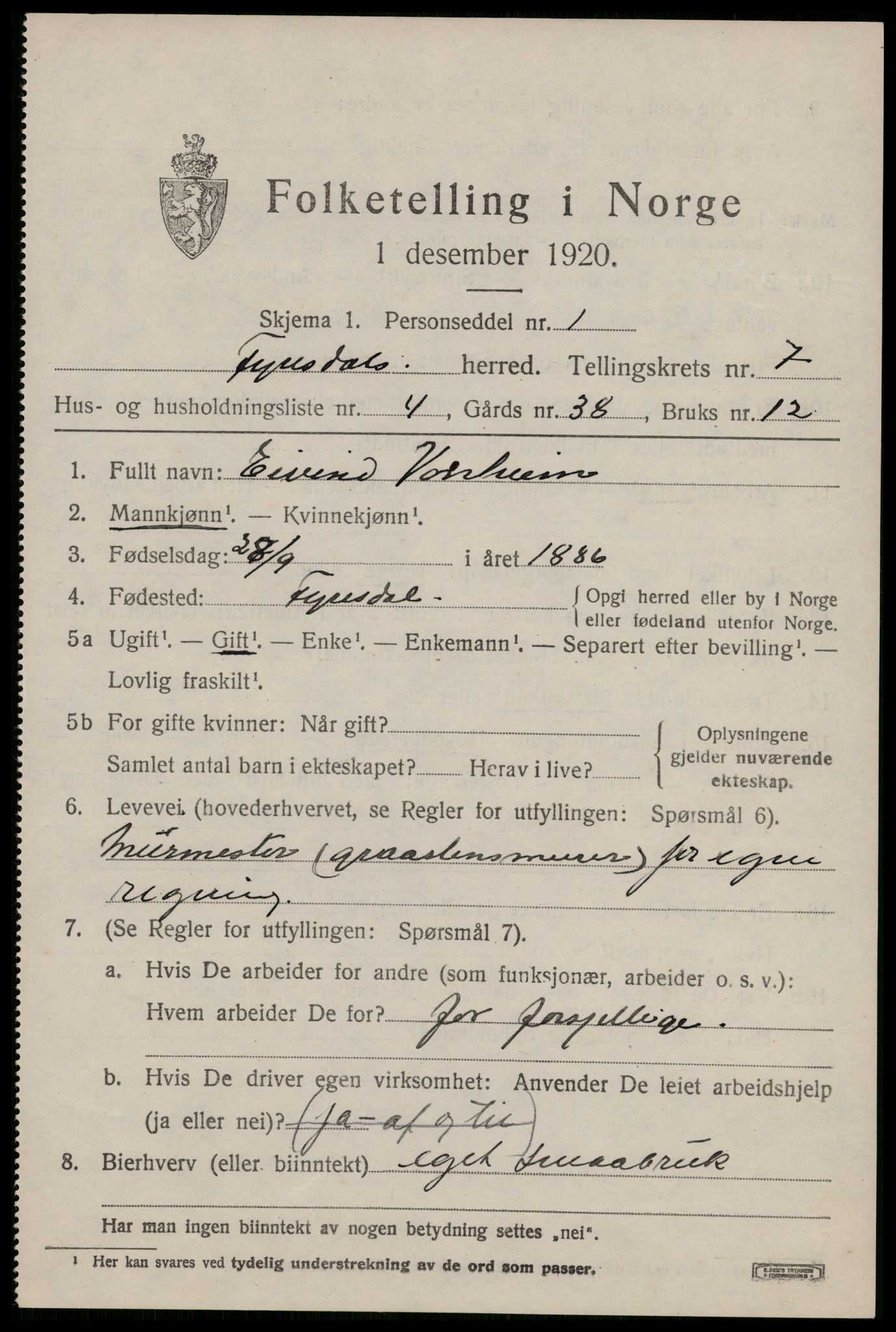 SAKO, 1920 census for Fyresdal, 1920, p. 2685