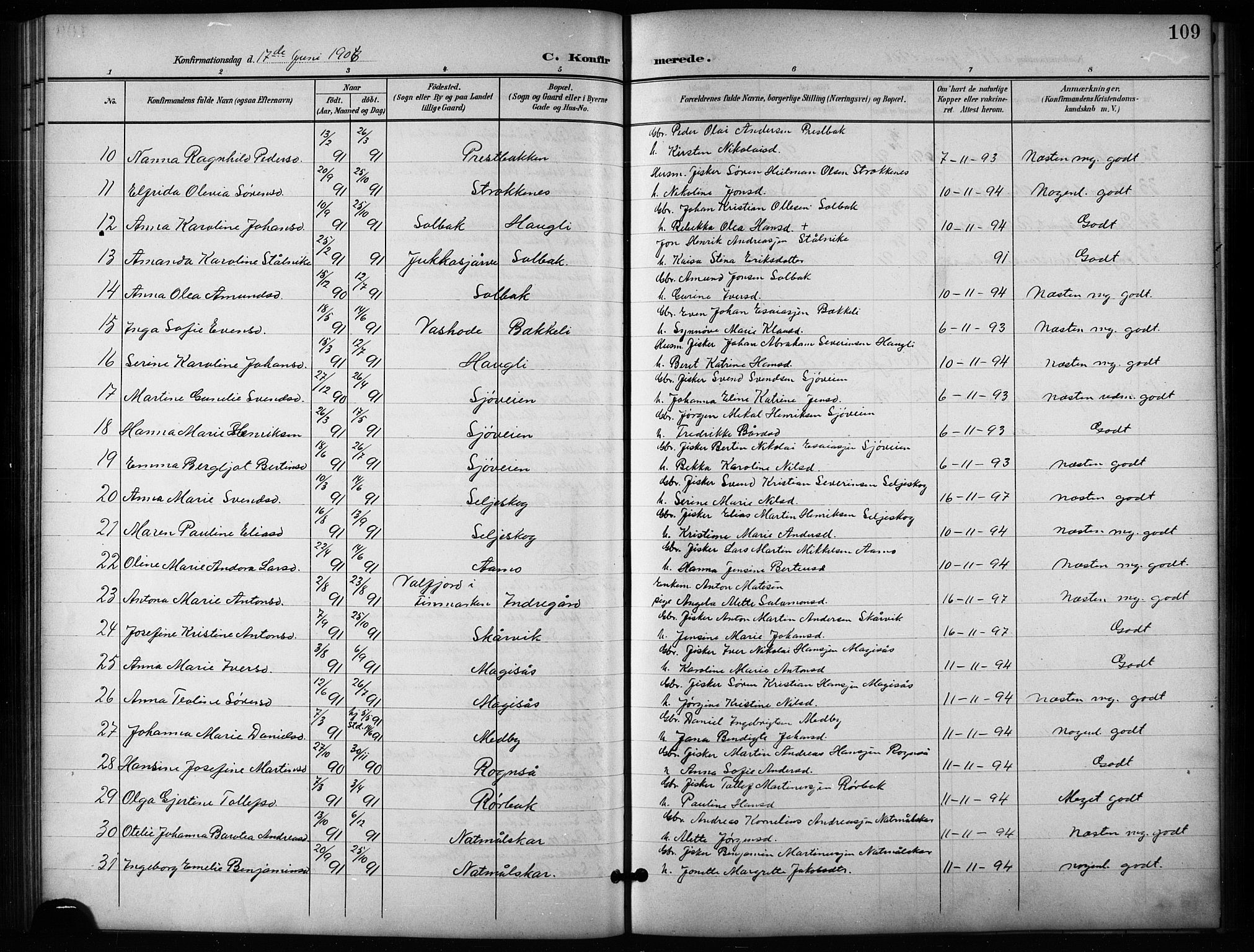 Salangen sokneprestembete, SATØ/S-1324/H/Ha/L0004klokker: Parish register (copy) no. 4, 1900-1924, p. 109