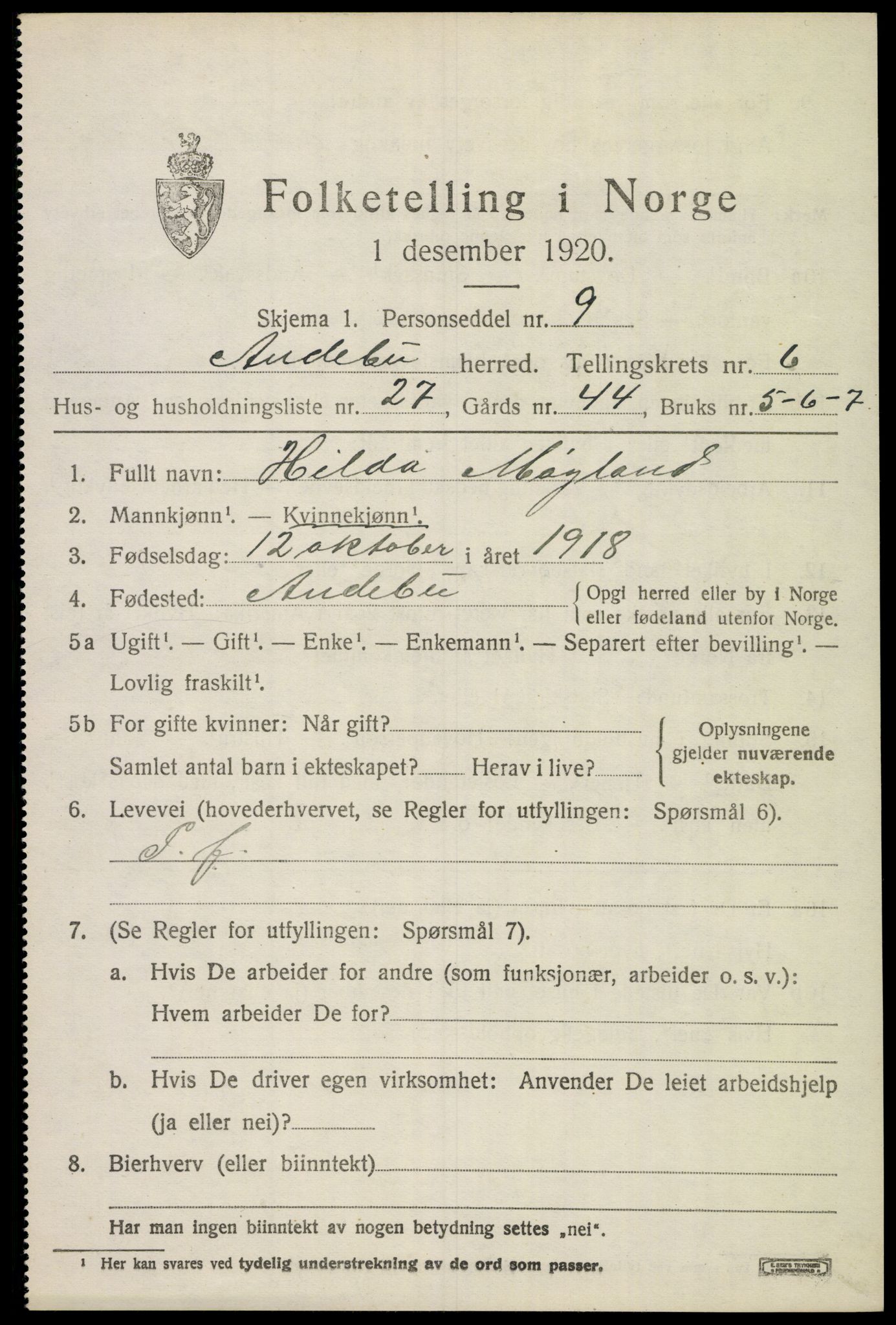 SAKO, 1920 census for Andebu, 1920, p. 3192