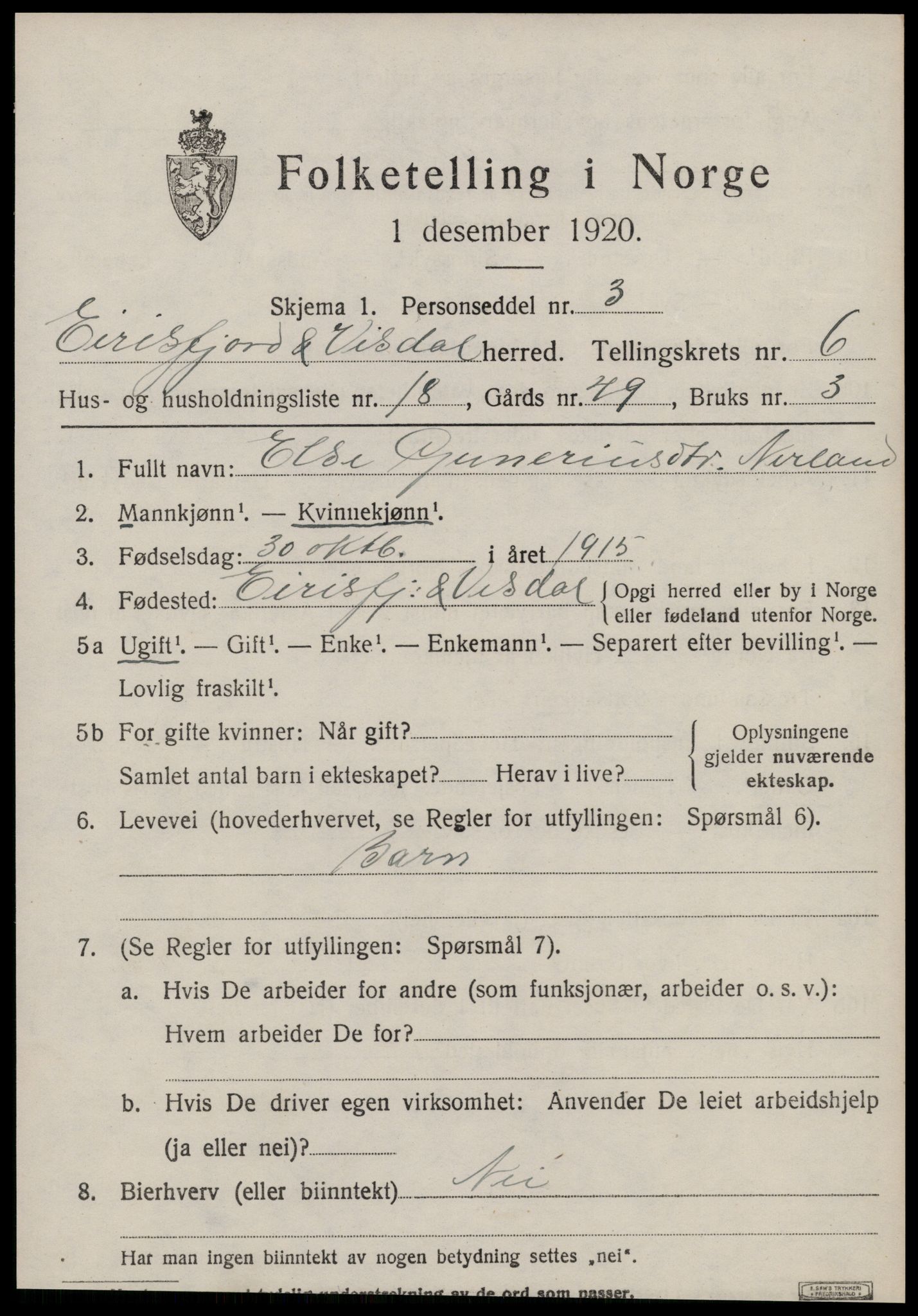 SAT, 1920 census for Eresfjord og Vistdal, 1920, p. 3605