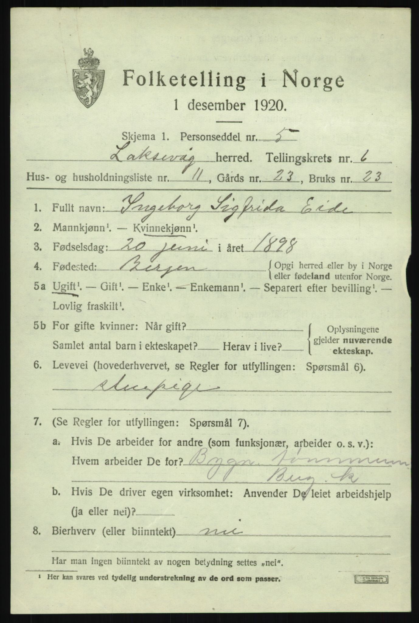 SAB, 1920 census for Laksevåg, 1920, p. 17300