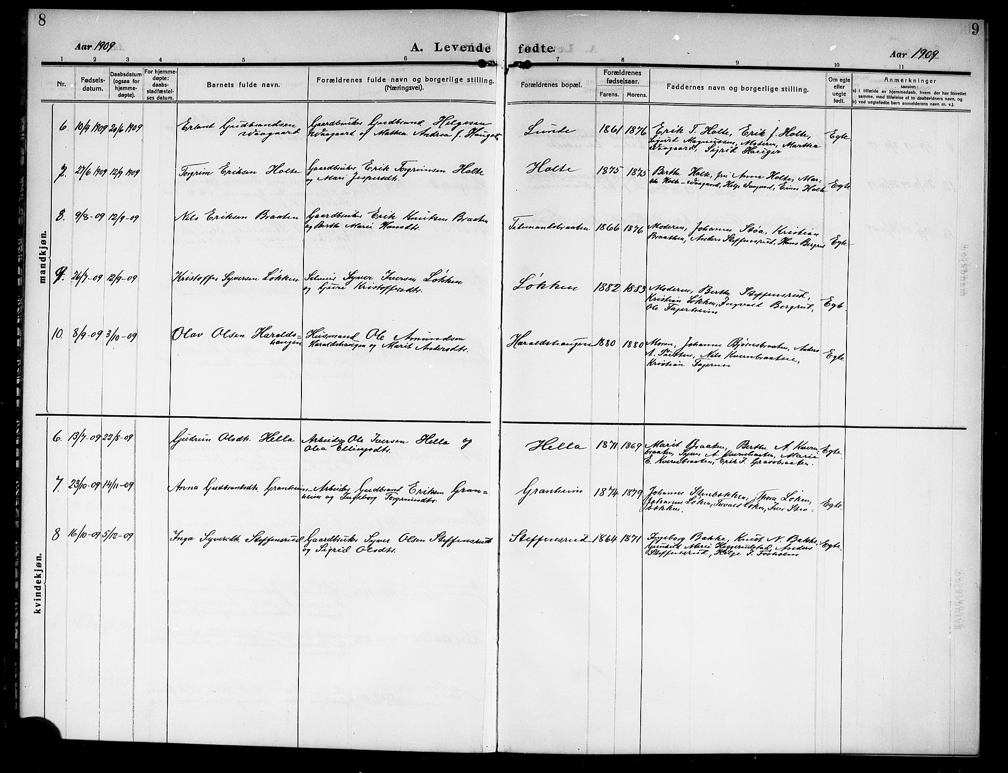 Ådal kirkebøker, SAKO/A-248/G/Gb/L0002: Parish register (copy) no. II 2, 1909-1920, p. 8-9
