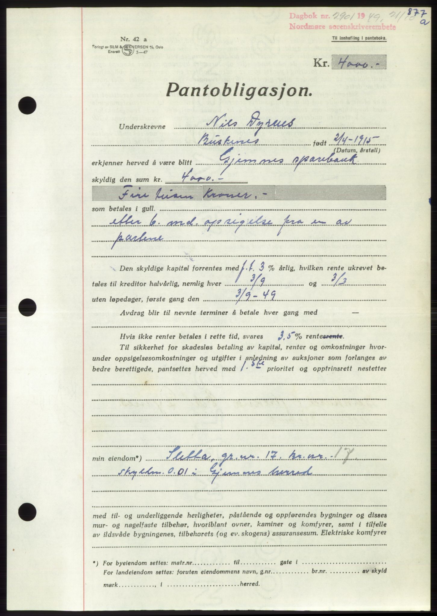 Nordmøre sorenskriveri, AV/SAT-A-4132/1/2/2Ca: Mortgage book no. B102, 1949-1949, Diary no: : 2901/1949