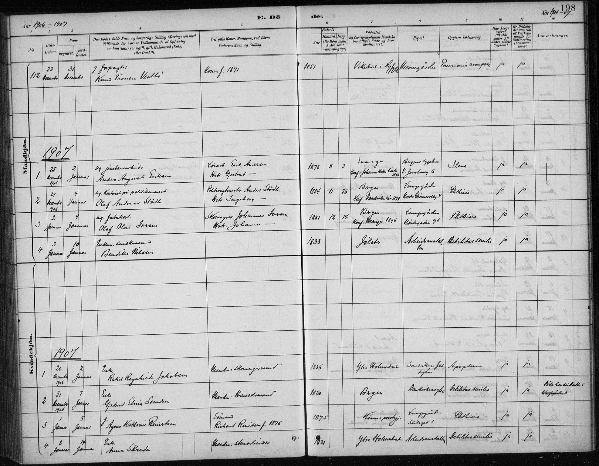 Bergen kommunale pleiehjem - stiftelsespresten, AV/SAB-A-100281: Parish register (official) no. A 5, 1887-1908, p. 198