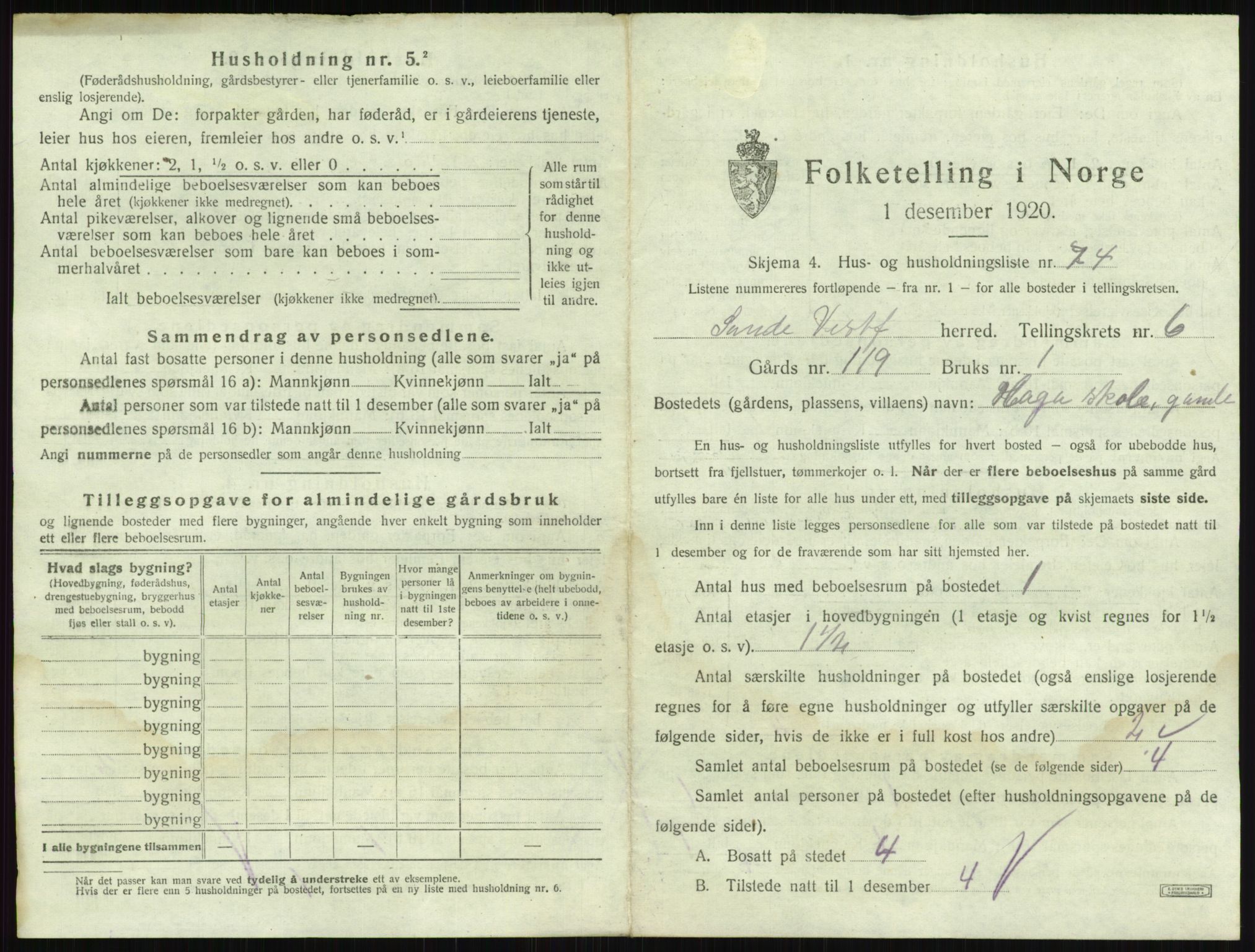 SAKO, 1920 census for Sande, 1920, p. 1204