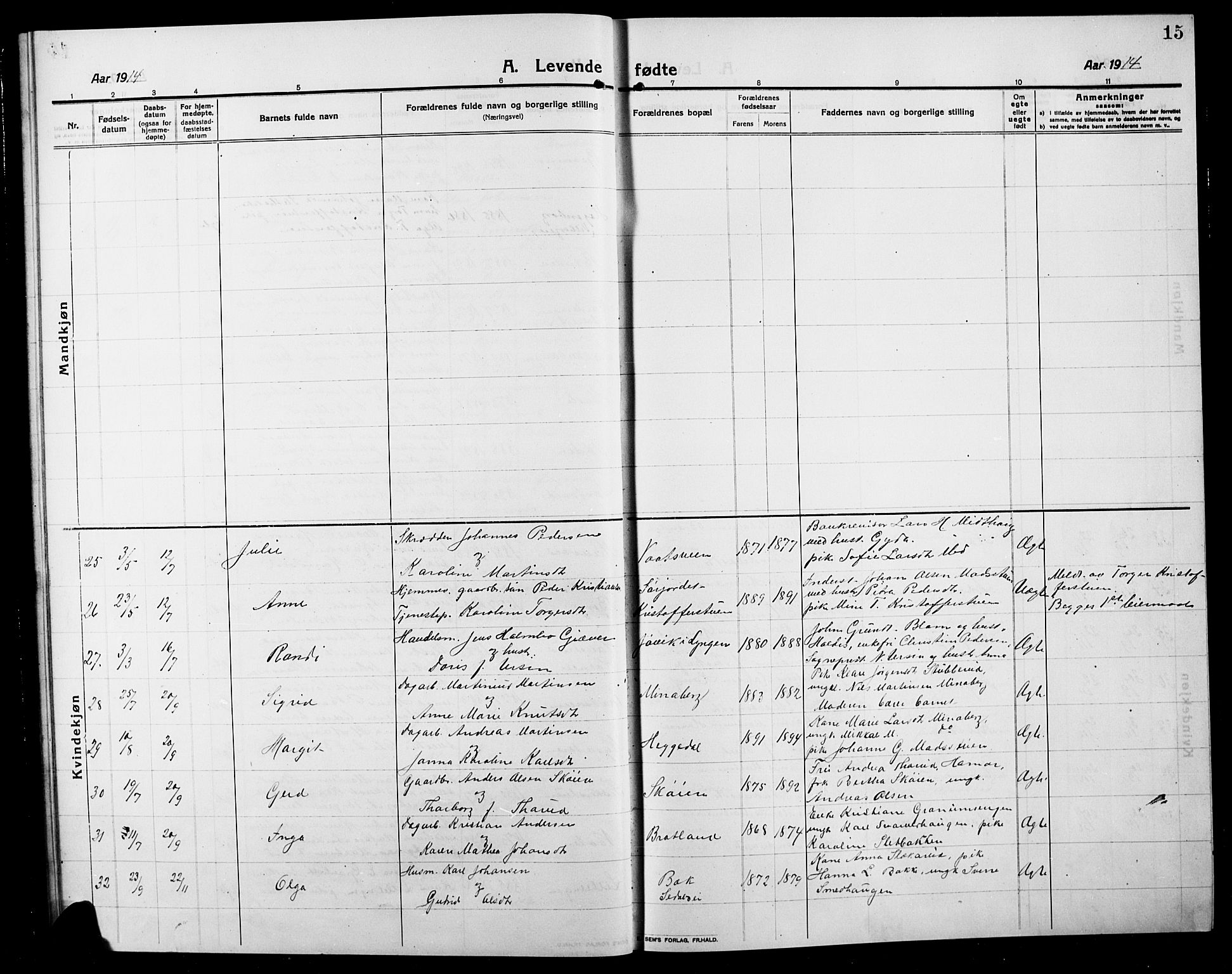 Søndre Land prestekontor, AV/SAH-PREST-122/L/L0006: Parish register (copy) no. 6, 1912-1925, p. 15