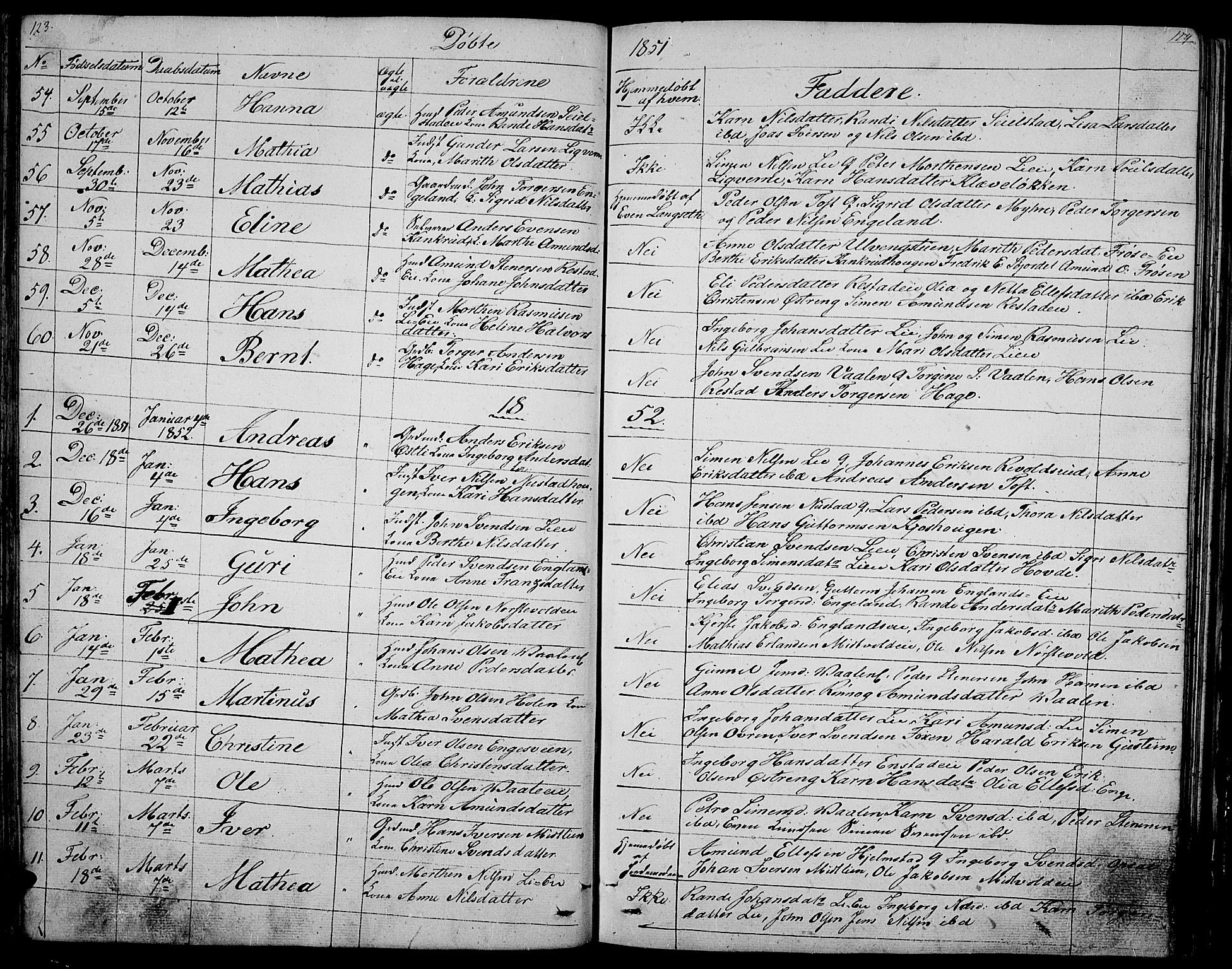 Gausdal prestekontor, SAH/PREST-090/H/Ha/Hab/L0003: Parish register (copy) no. 3, 1829-1864, p. 123-124