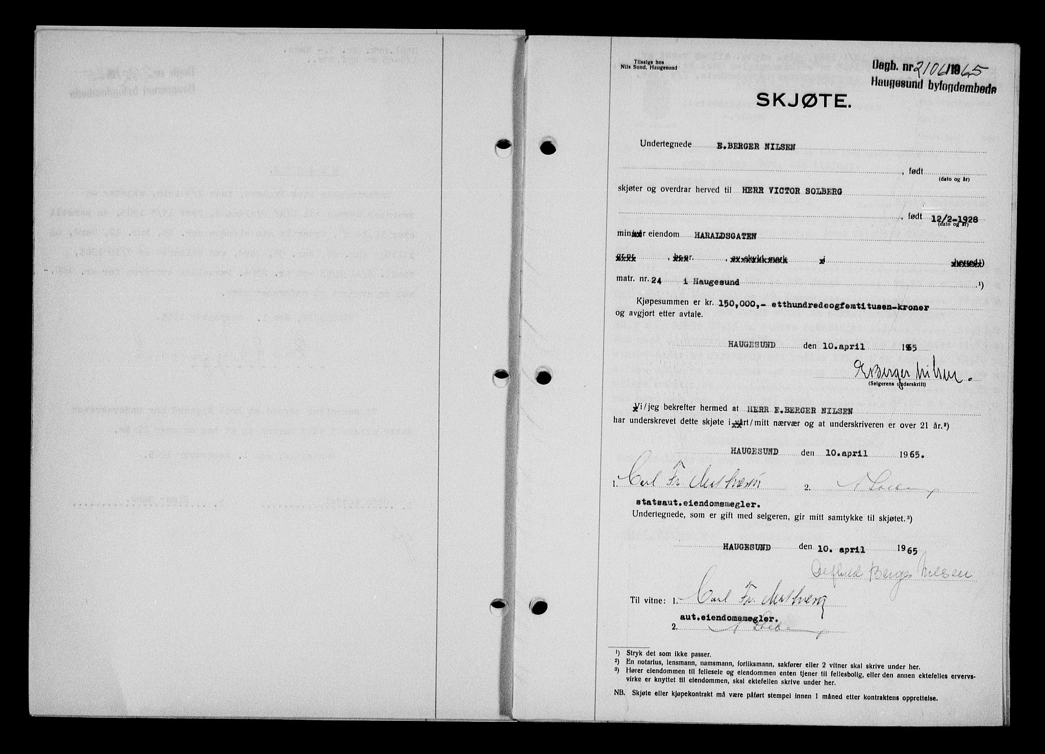 Haugesund tingrett, AV/SAST-A-101415/01/II/IIC/L0076: Mortgage book no. A 17, 1965-1966, Diary no: : 2106/1965