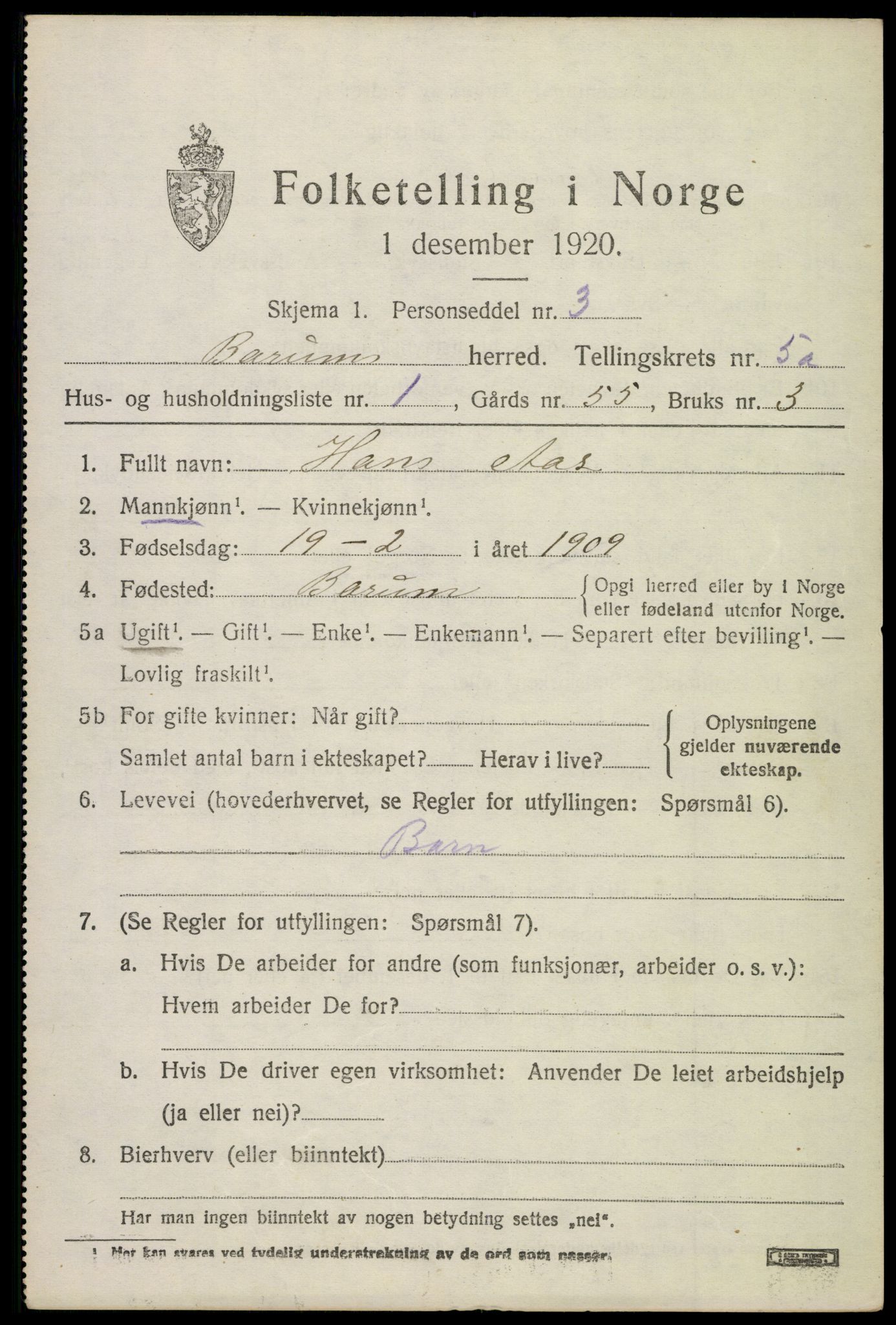 SAO, 1920 census for Bærum, 1920, p. 9738