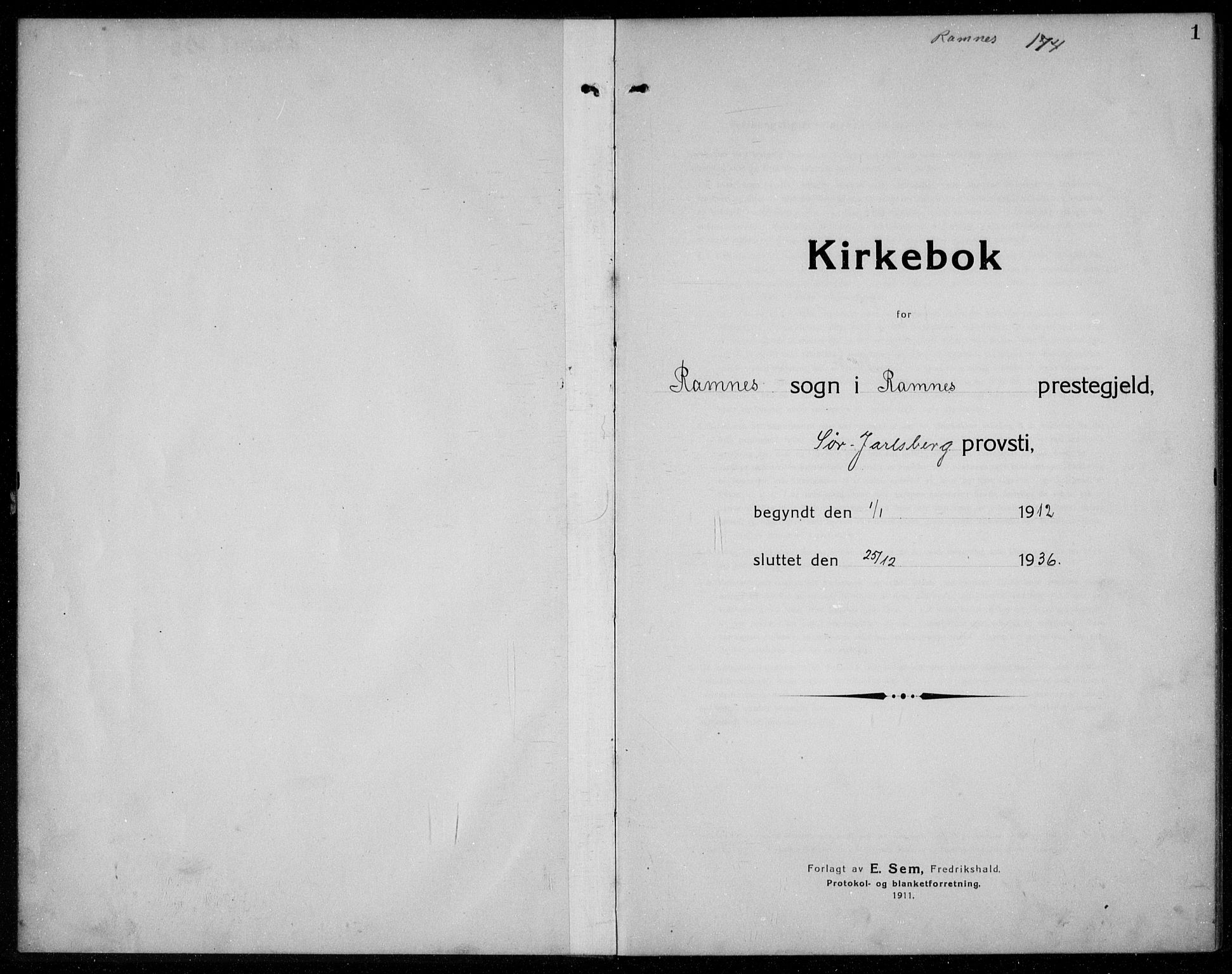 Ramnes kirkebøker, AV/SAKO-A-314/G/Ga/L0005: Parish register (copy) no. I 5, 1912-1936, p. 1