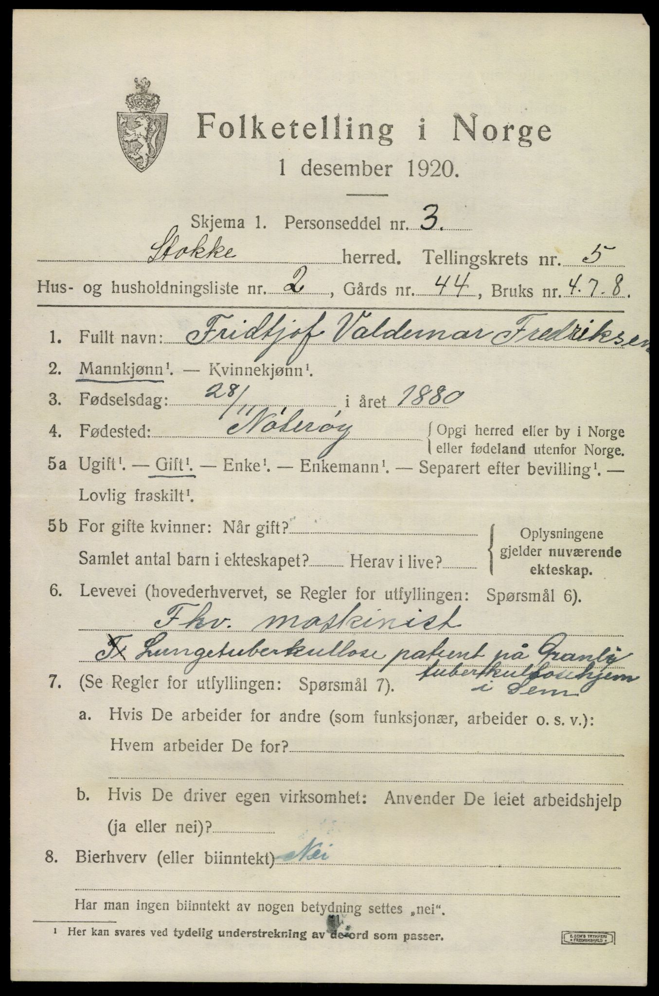 SAKO, 1920 census for Stokke, 1920, p. 6732