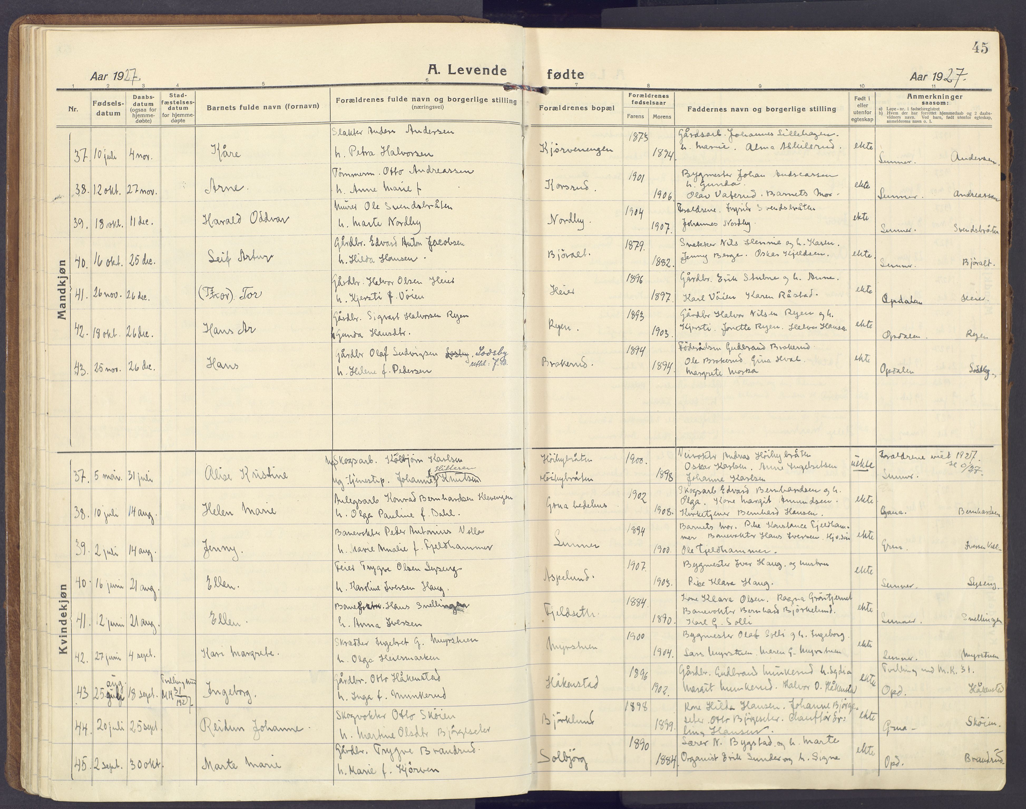 Lunner prestekontor, SAH/PREST-118/H/Ha/Haa/L0002: Parish register (official) no. 2, 1922-1931, p. 45
