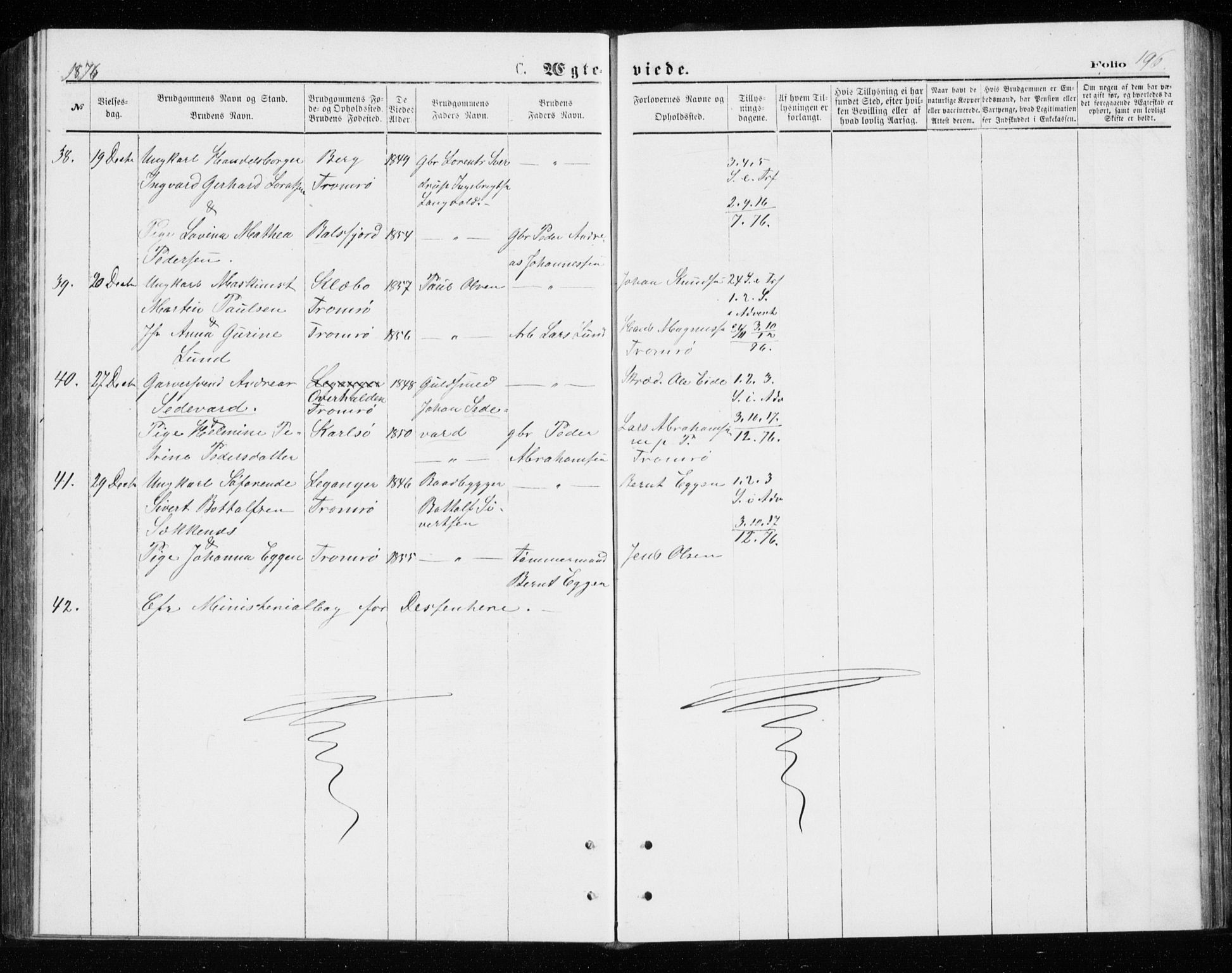 Tromsø sokneprestkontor/stiftsprosti/domprosti, AV/SATØ-S-1343/G/Gb/L0008klokker: Parish register (copy) no. 8, 1875-1879, p. 196