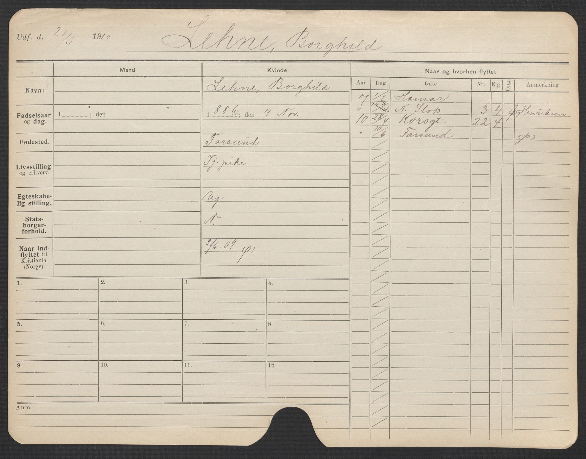 Oslo folkeregister, Registerkort, AV/SAO-A-11715/F/Fa/Fac/L0020: Kvinner, 1906-1914, p. 25a