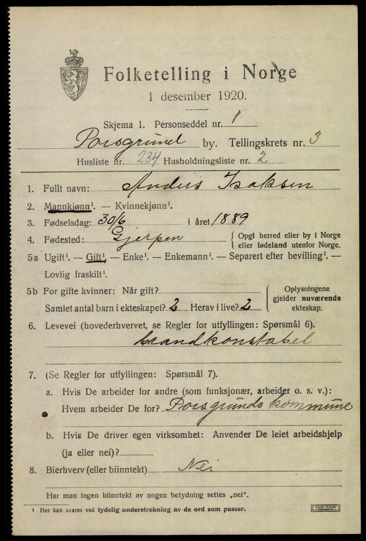SAKO, 1920 census for Porsgrunn, 1920, p. 17395