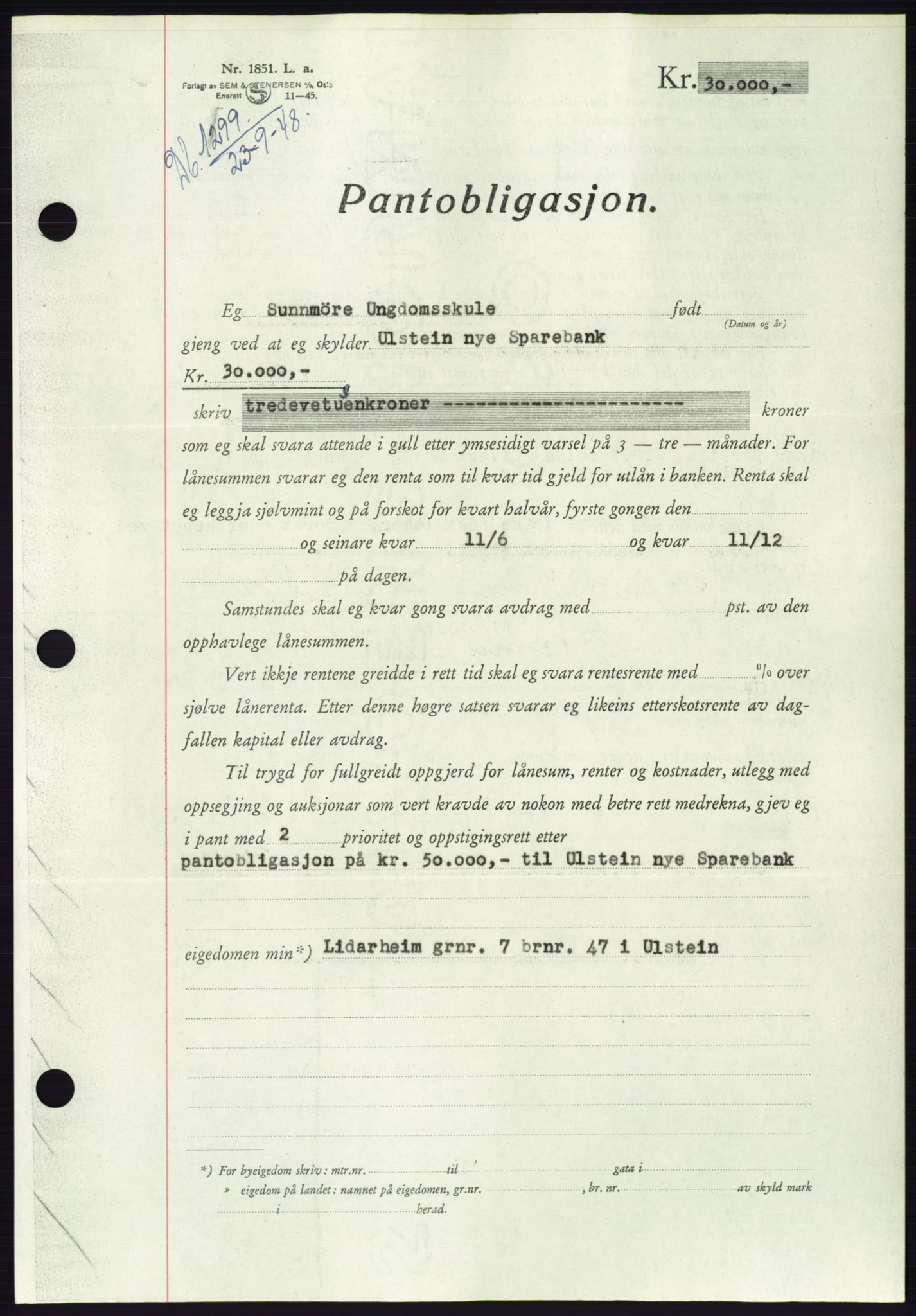 Søre Sunnmøre sorenskriveri, AV/SAT-A-4122/1/2/2C/L0116: Mortgage book no. 4B, 1948-1949, Diary no: : 1299/1948