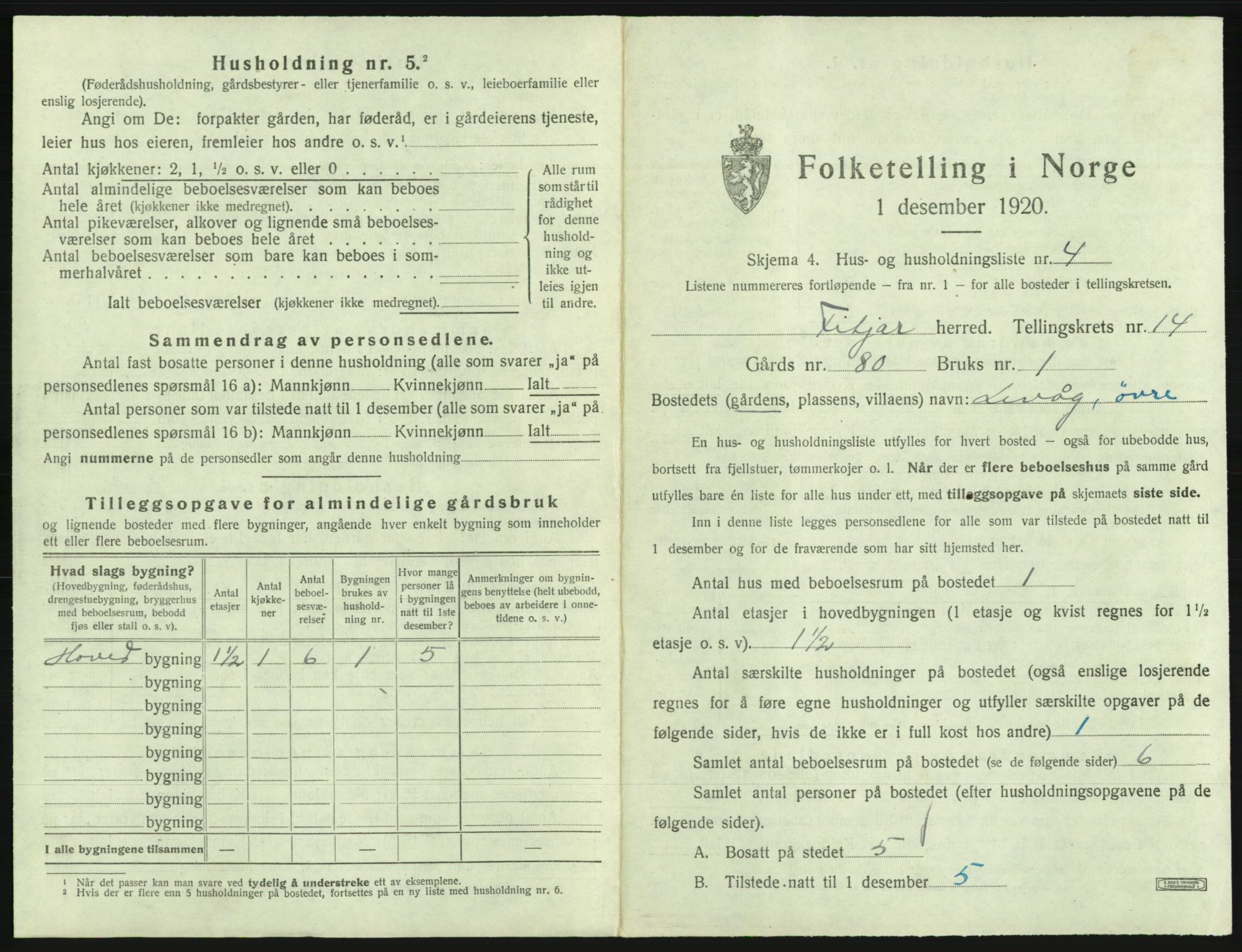 SAB, 1920 census for Fitjar, 1920, p. 837