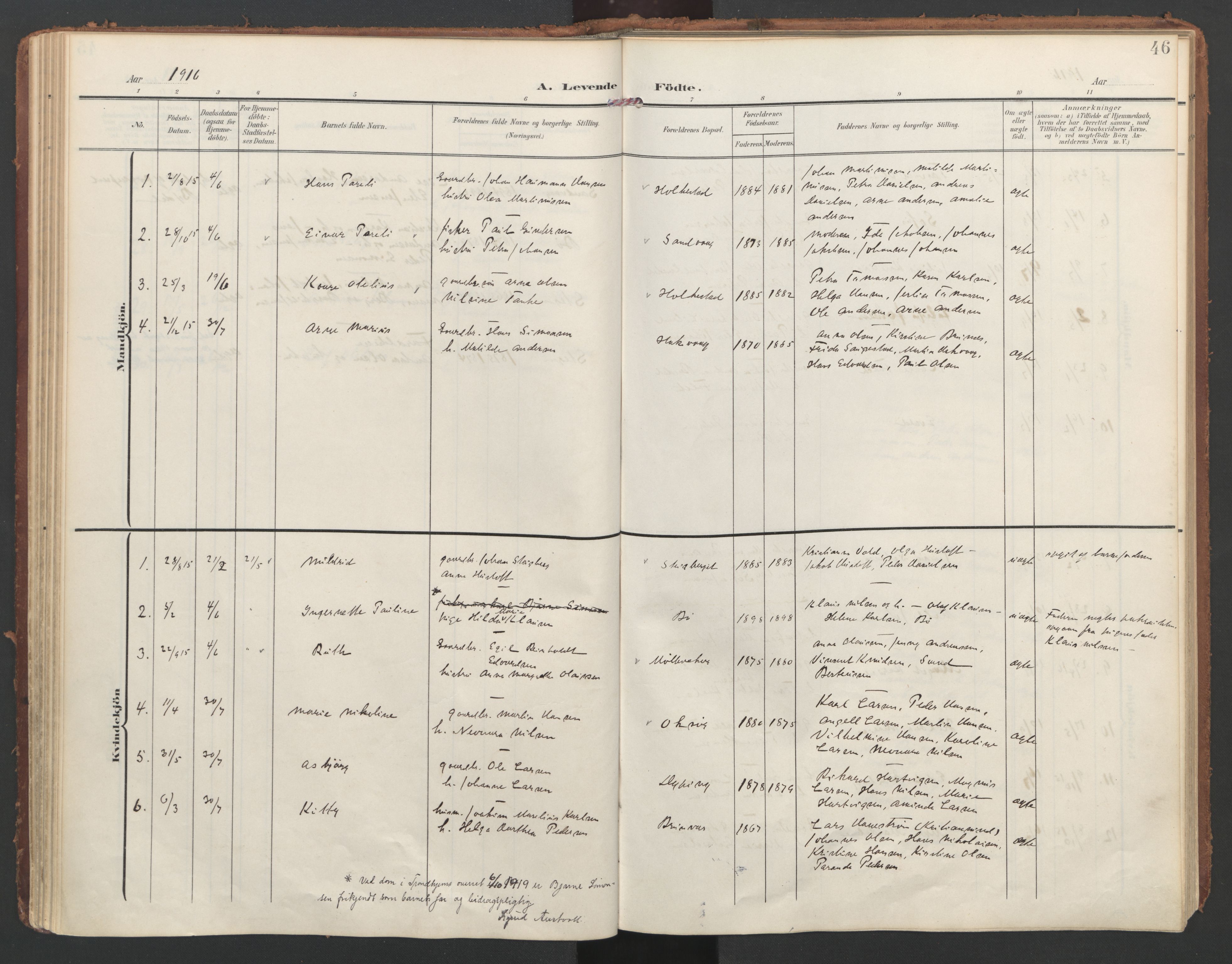 Ministerialprotokoller, klokkerbøker og fødselsregistre - Nordland, AV/SAT-A-1459/855/L0805: Parish register (official) no. 855A13, 1906-1920, p. 46