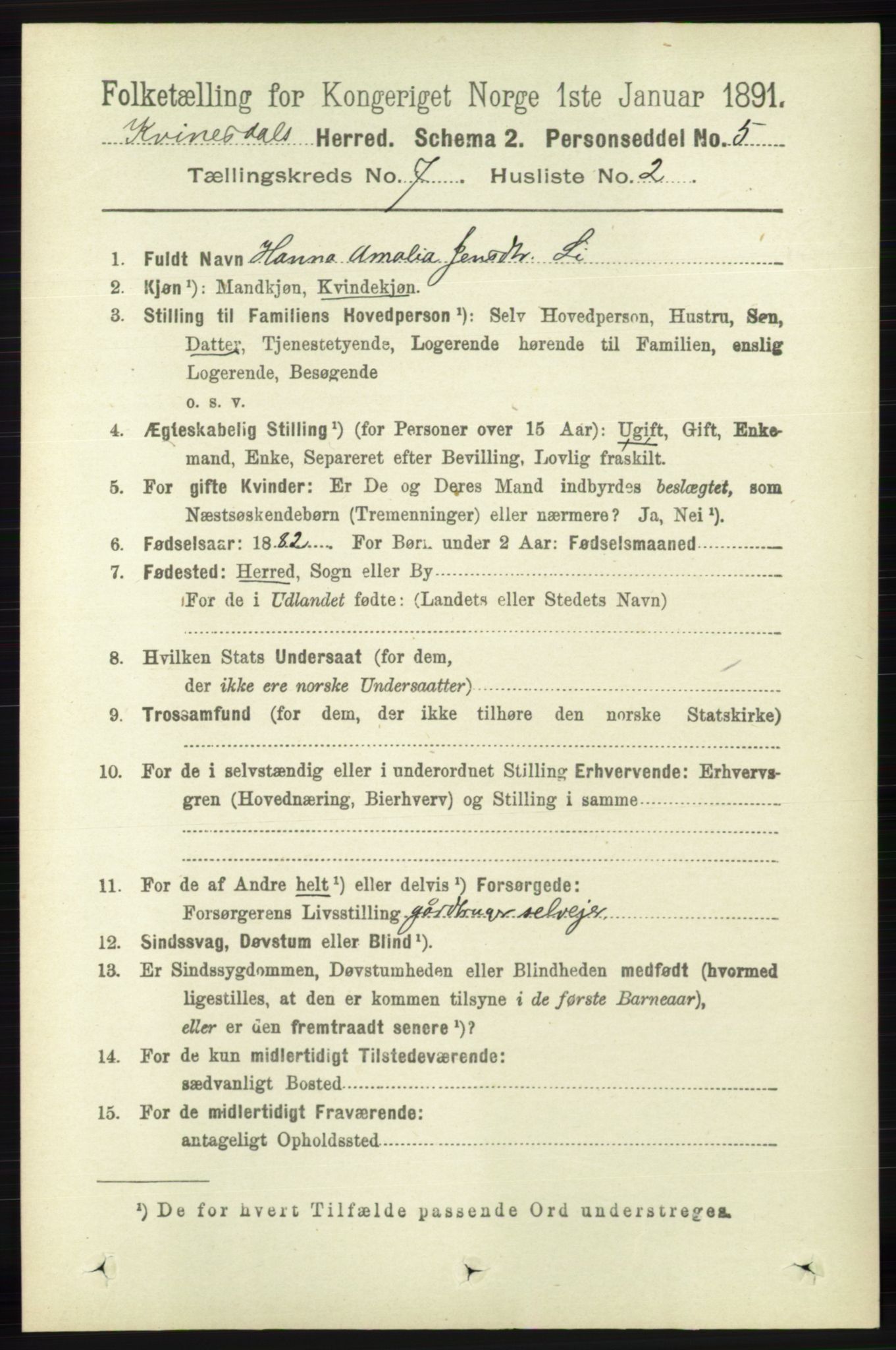 RA, 1891 census for 1037 Kvinesdal, 1891, p. 2432