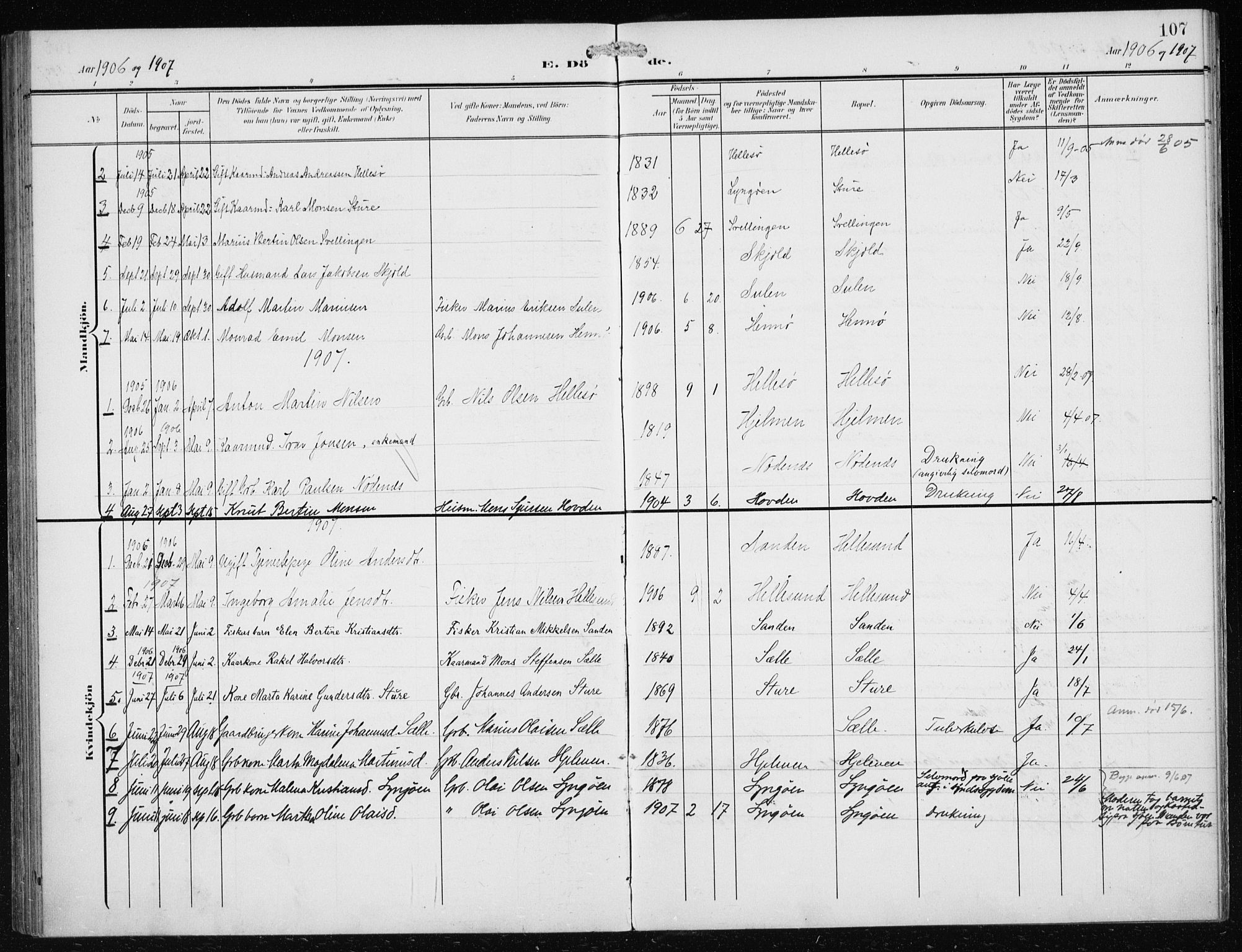 Herdla Sokneprestembete, AV/SAB-A-75701/H/Haa: Parish register (official) no. B 1, 1902-1921, p. 107