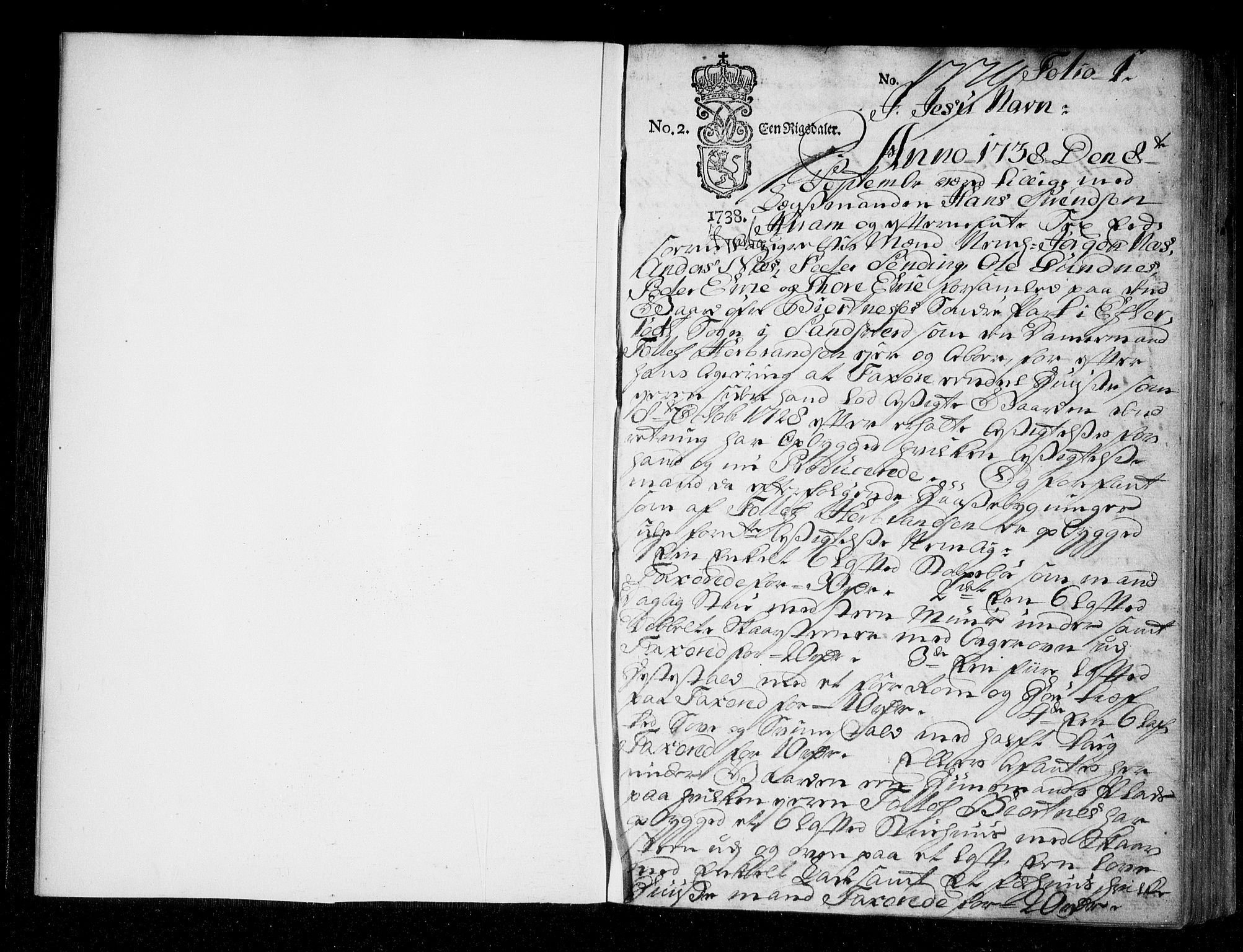 Numedal og Sandsvær sorenskriveri, AV/SAKO-A-128/F/Fa/Faa/L0067: Tingbok, 1738-1739, p. 1