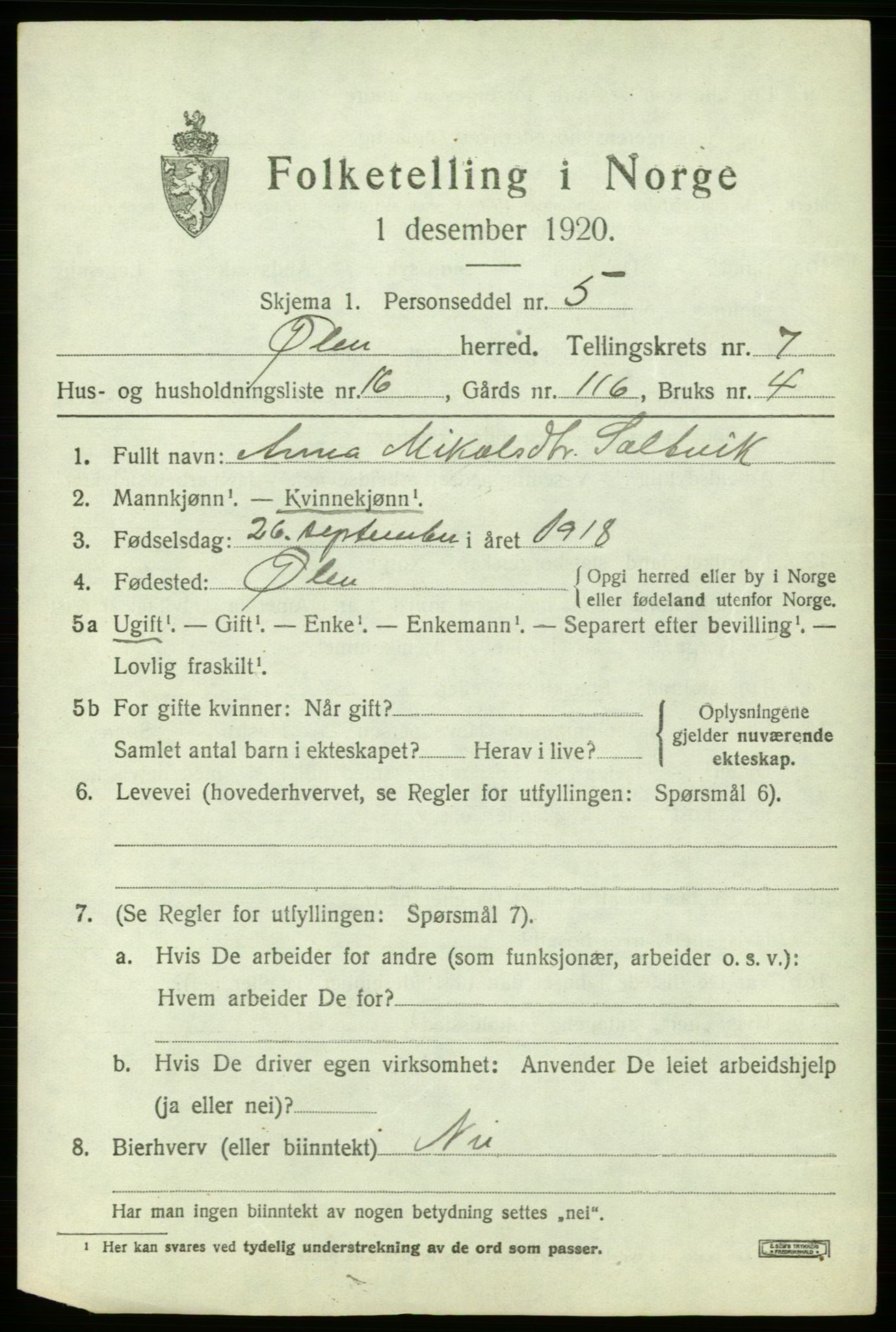 SAB, 1920 census for Ølen, 1920, p. 3389