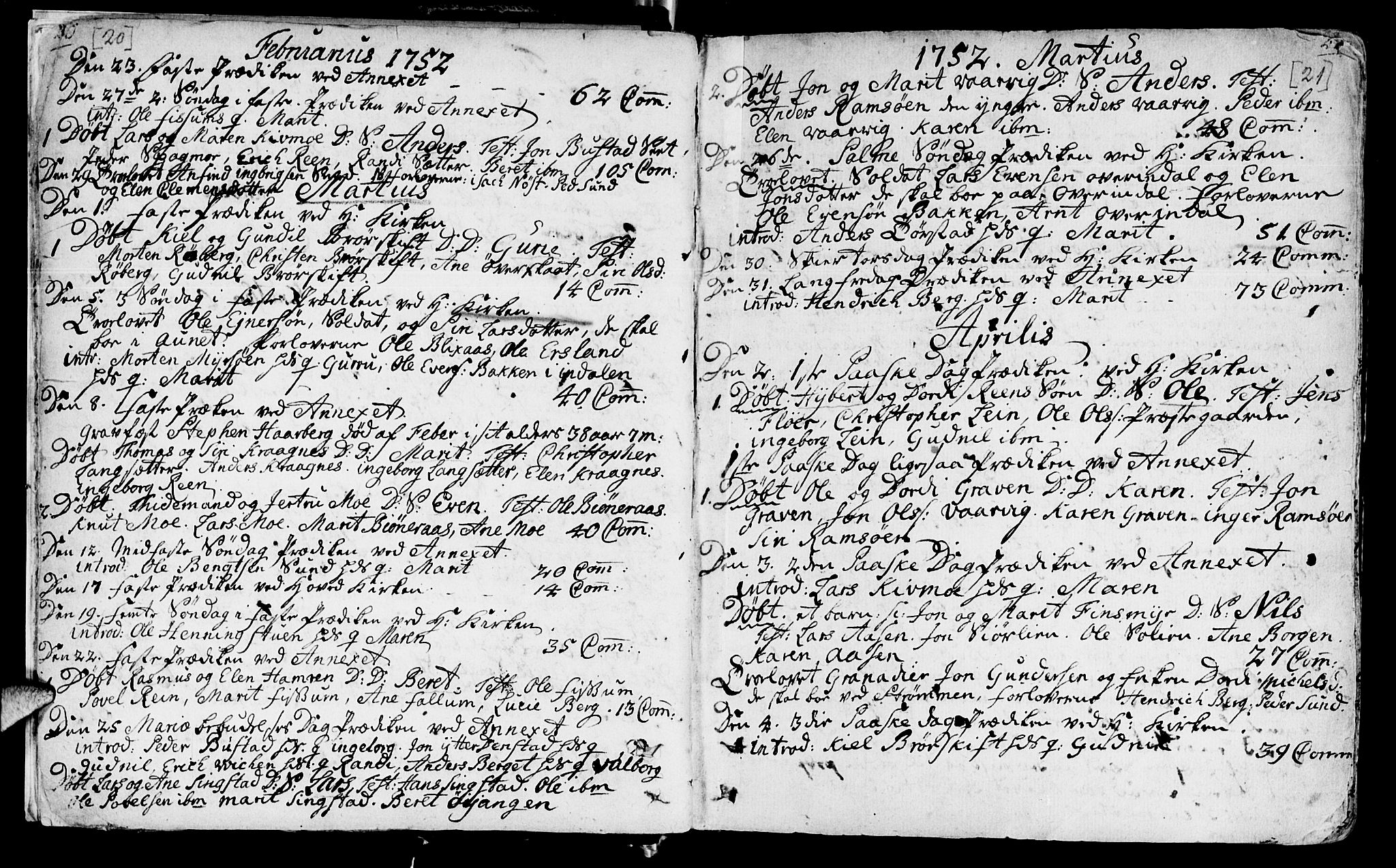 Ministerialprotokoller, klokkerbøker og fødselsregistre - Sør-Trøndelag, SAT/A-1456/646/L0605: Parish register (official) no. 646A03, 1751-1790, p. 20-21