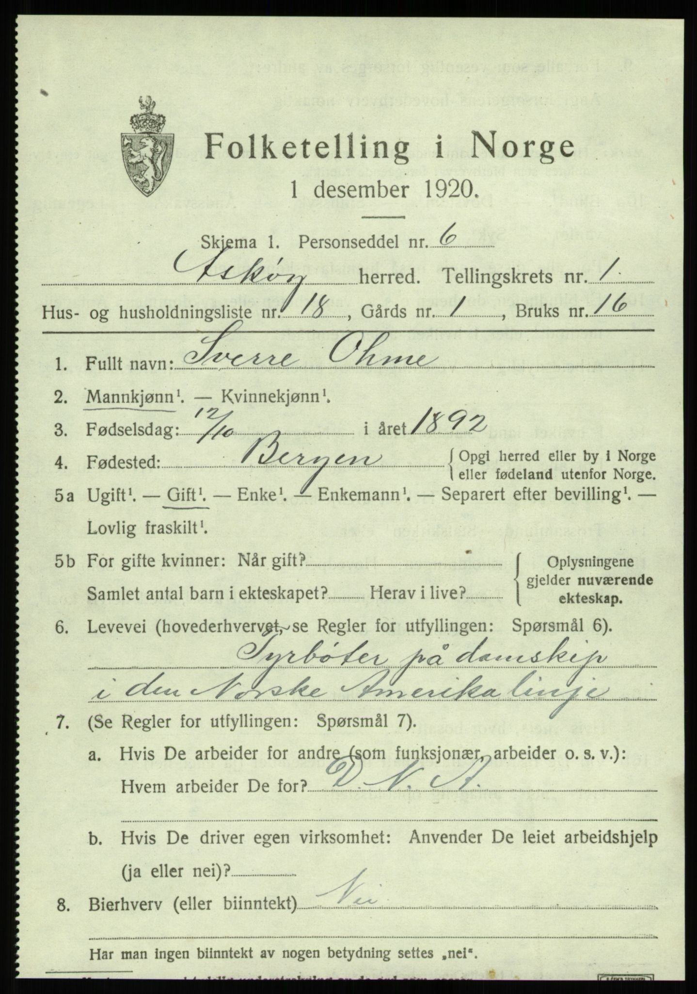 SAB, 1920 census for Askøy, 1920, p. 3710