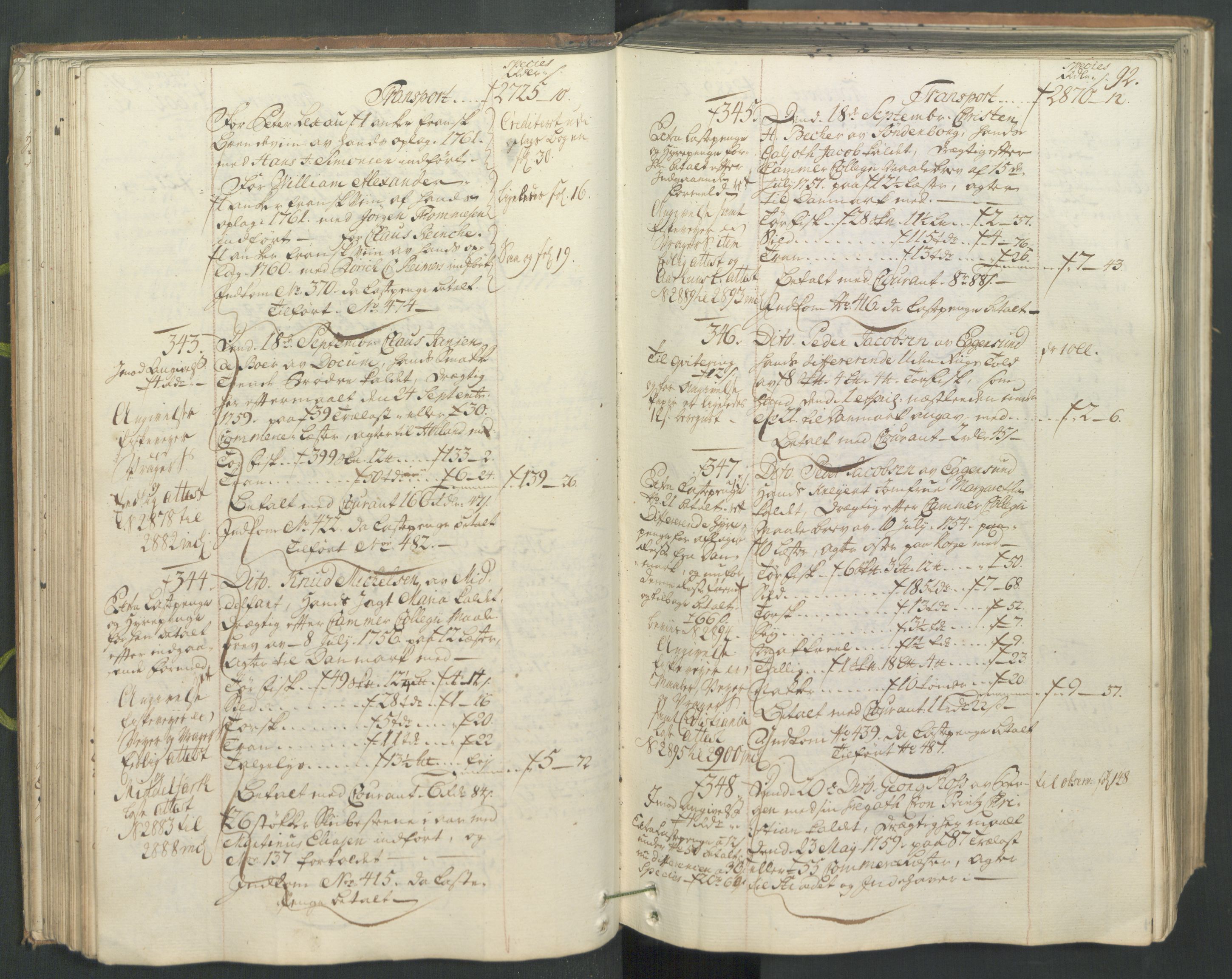 Generaltollkammeret, tollregnskaper, AV/RA-EA-5490/R26/L0102/0001: Tollregnskaper Bergen A / Utgående hovedtollbok, 1762, p. 91b-92a