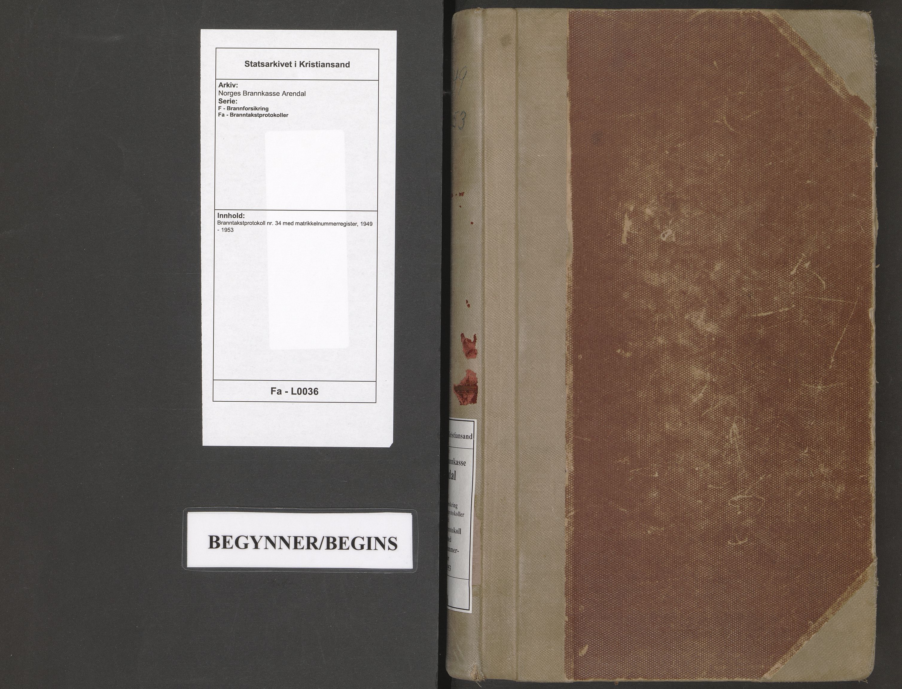 Norges Brannkasse Arendal, AV/SAK-2241-0002/F/Fa/L0036: Branntakstprotokoll nr. 34 med matrikkelnummerregister, 1949-1953