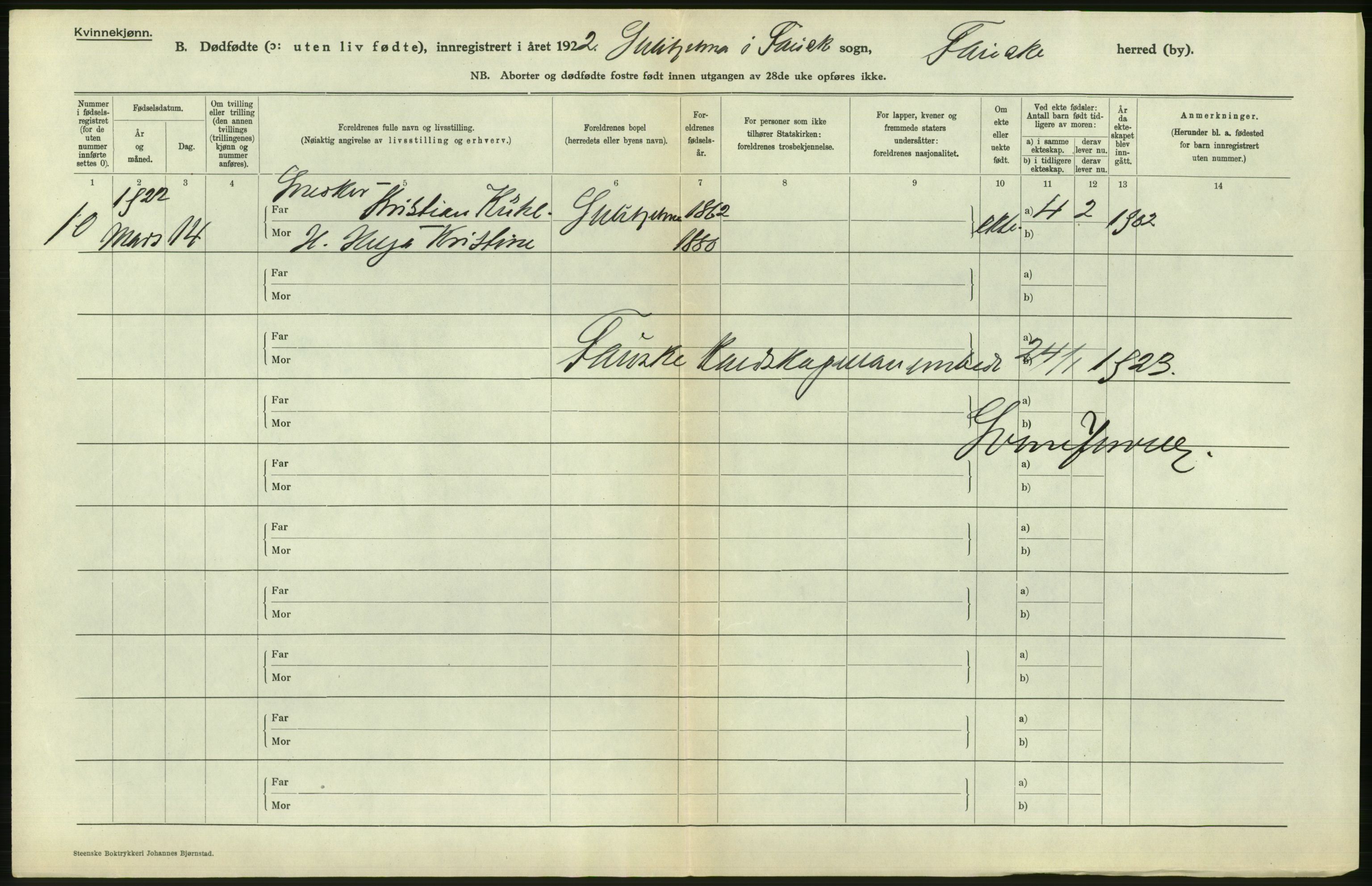 Statistisk sentralbyrå, Sosiodemografiske emner, Befolkning, AV/RA-S-2228/D/Df/Dfc/Dfcb/L0045: Nordland fylke: Gifte, dødfødte. Bygder og byer., 1922, p. 388