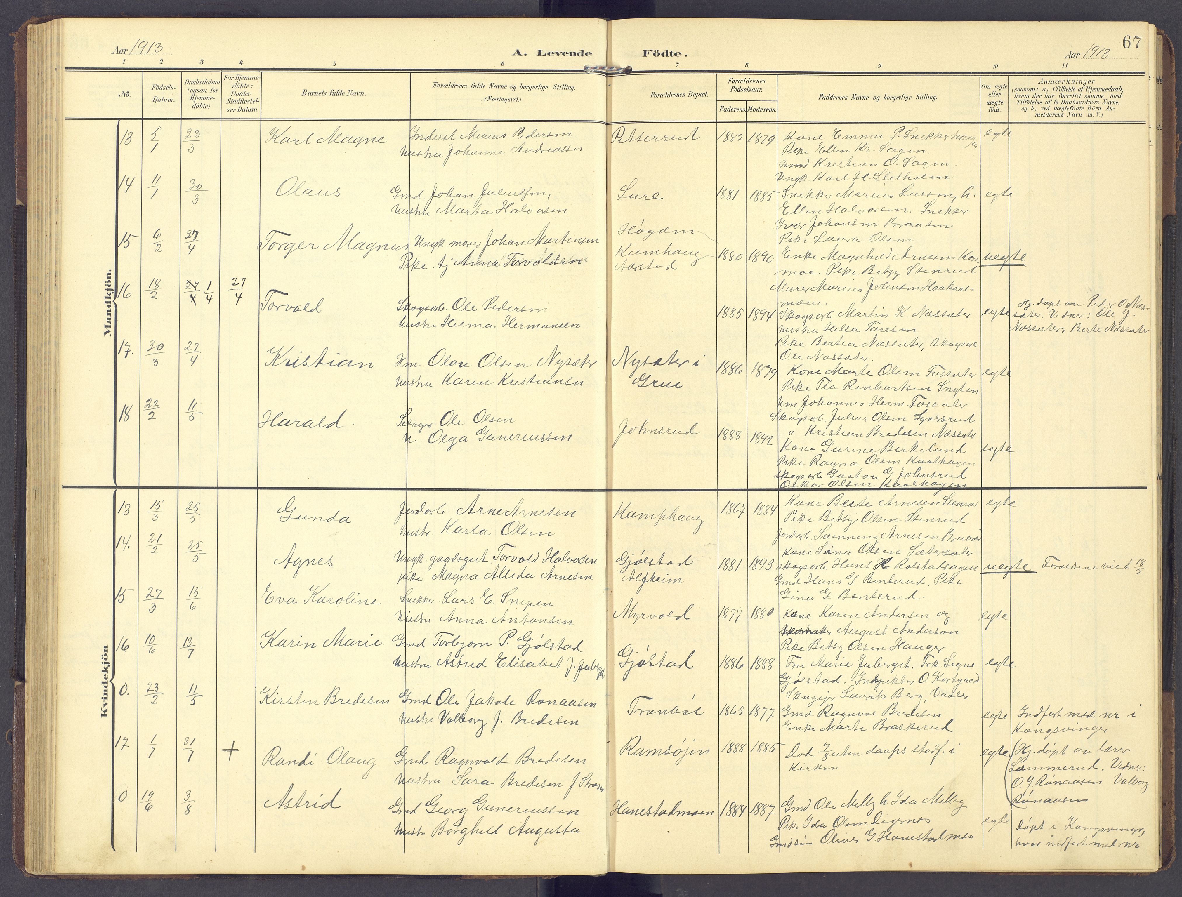 Brandval prestekontor, AV/SAH-PREST-034/H/Ha/Hab/L0003: Parish register (copy) no. 3, 1904-1917, p. 67