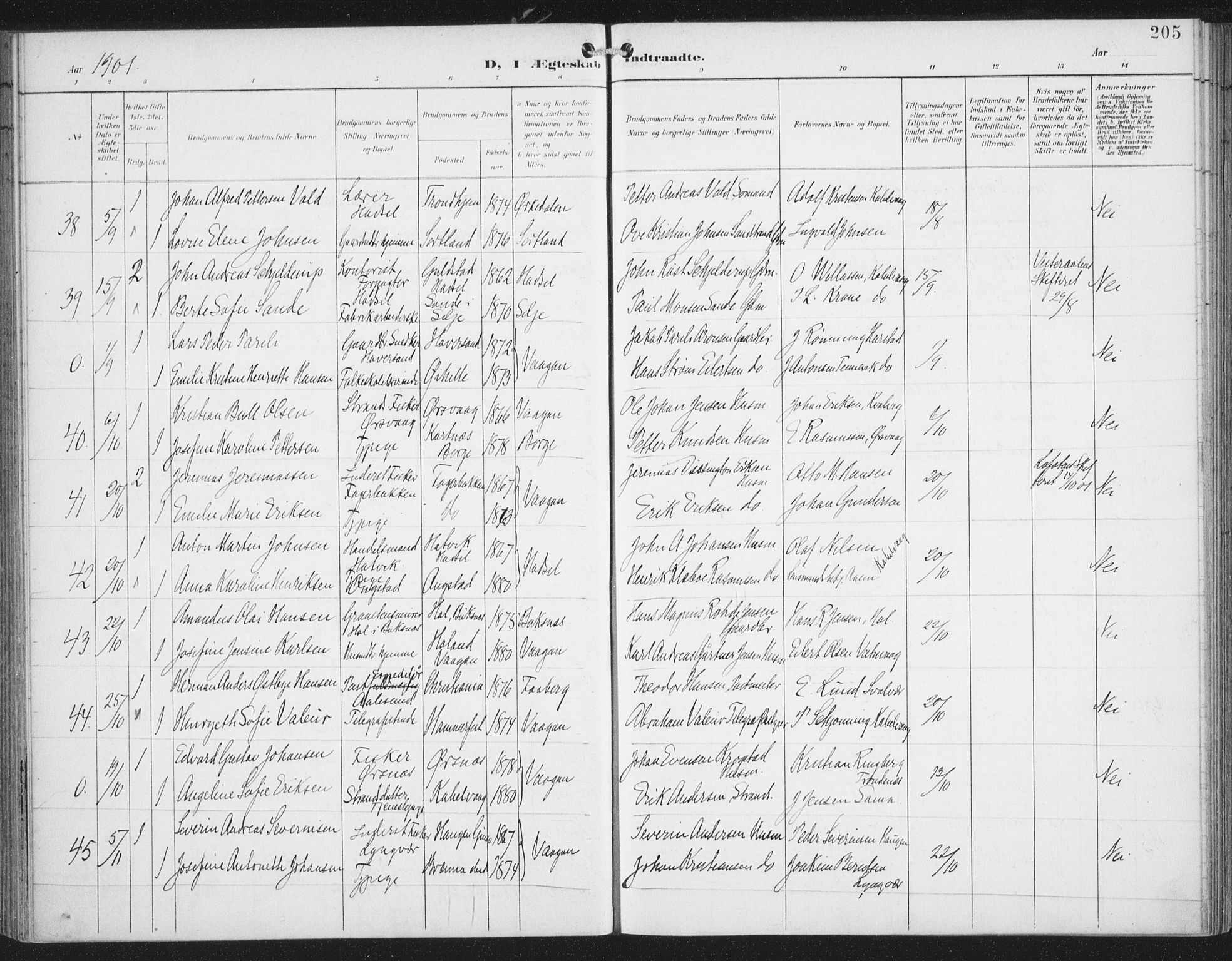 Ministerialprotokoller, klokkerbøker og fødselsregistre - Nordland, SAT/A-1459/874/L1062: Parish register (official) no. 874A06, 1899-1907, p. 205