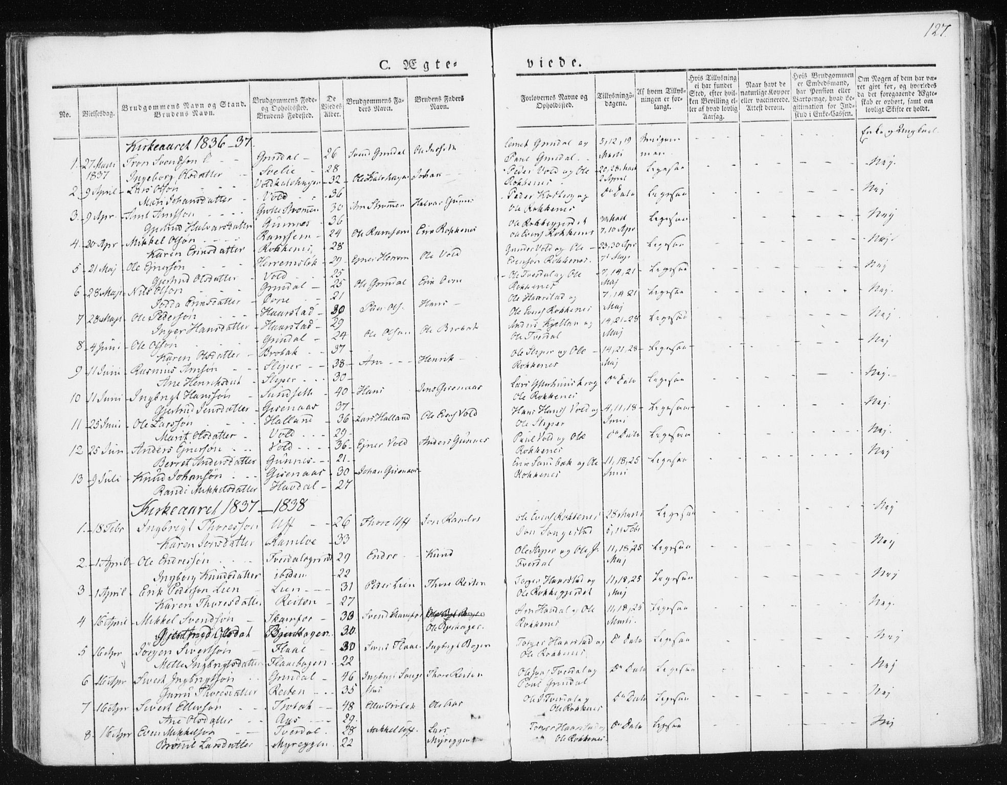 Ministerialprotokoller, klokkerbøker og fødselsregistre - Sør-Trøndelag, SAT/A-1456/674/L0869: Parish register (official) no. 674A01, 1829-1860, p. 127