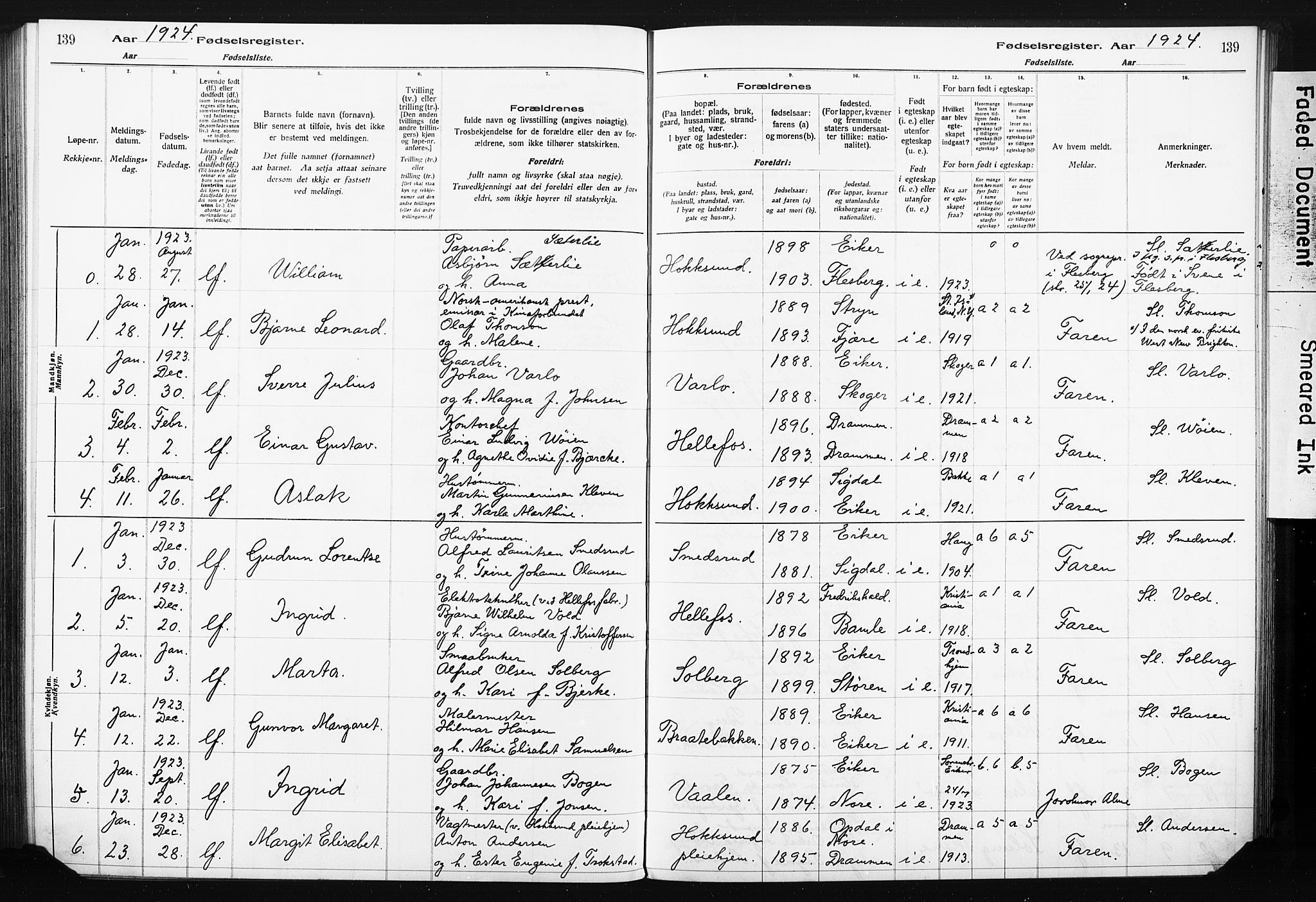 Eiker kirkebøker, AV/SAKO-A-4/J/Ja/L0001: Birth register no. I 1, 1916-1927, p. 139