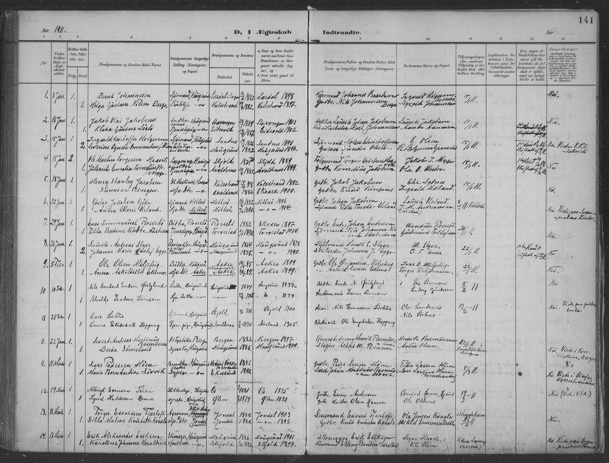Haugesund sokneprestkontor, SAST/A -101863/H/Ha/Haa/L0007: Parish register (official) no. A 7, 1904-1916, p. 141