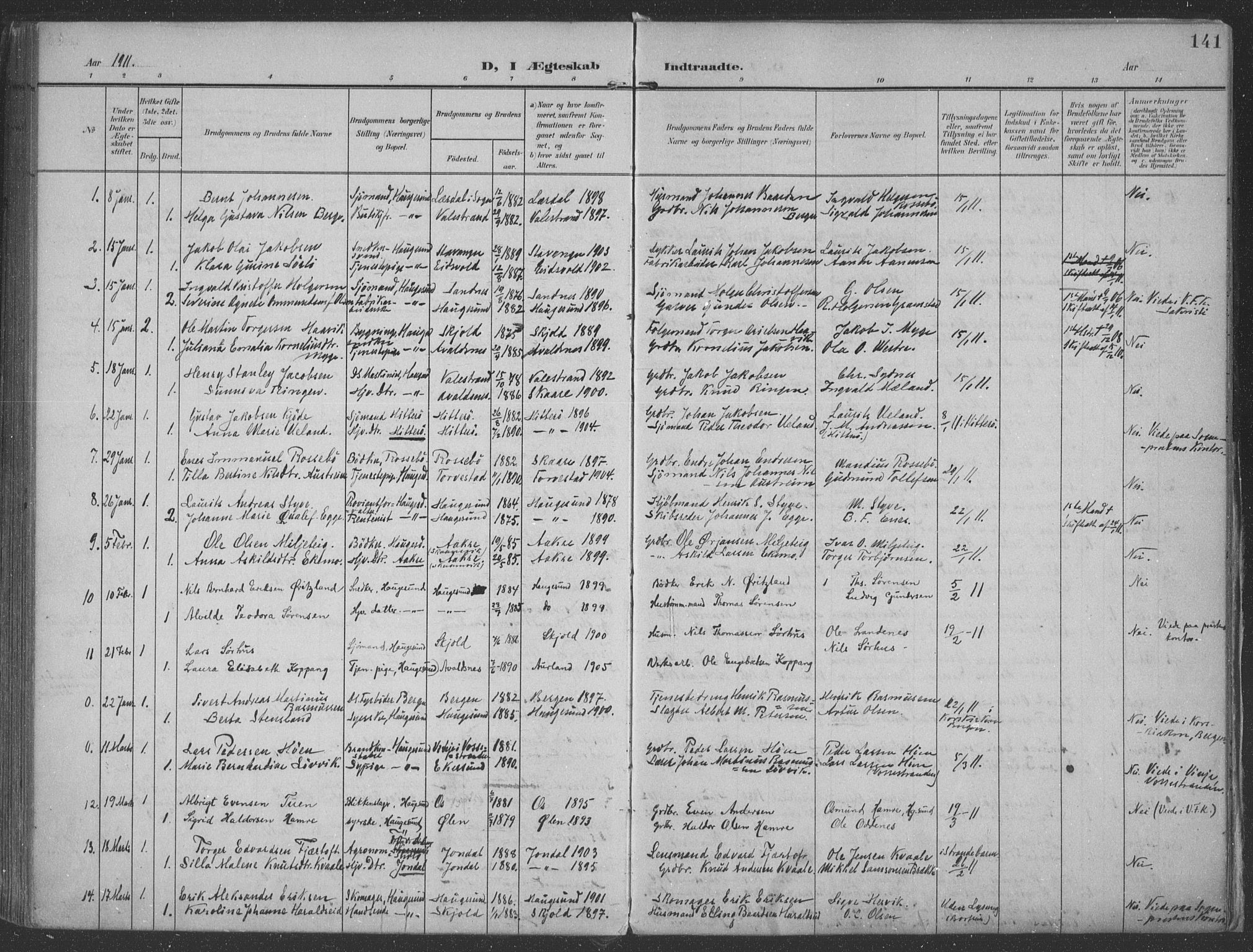 Haugesund sokneprestkontor, AV/SAST-A -101863/H/Ha/Haa/L0007: Parish register (official) no. A 7, 1904-1916, p. 141