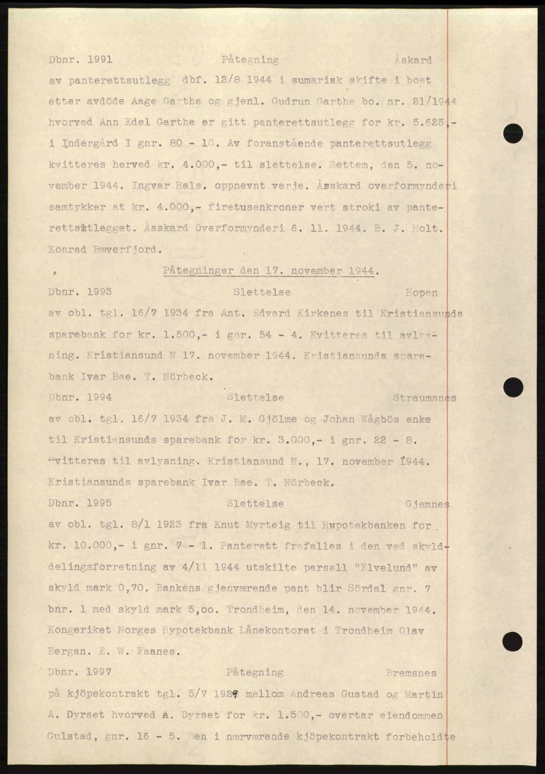 Nordmøre sorenskriveri, AV/SAT-A-4132/1/2/2Ca: Mortgage book no. C81, 1940-1945, Diary no: : 1991/1944