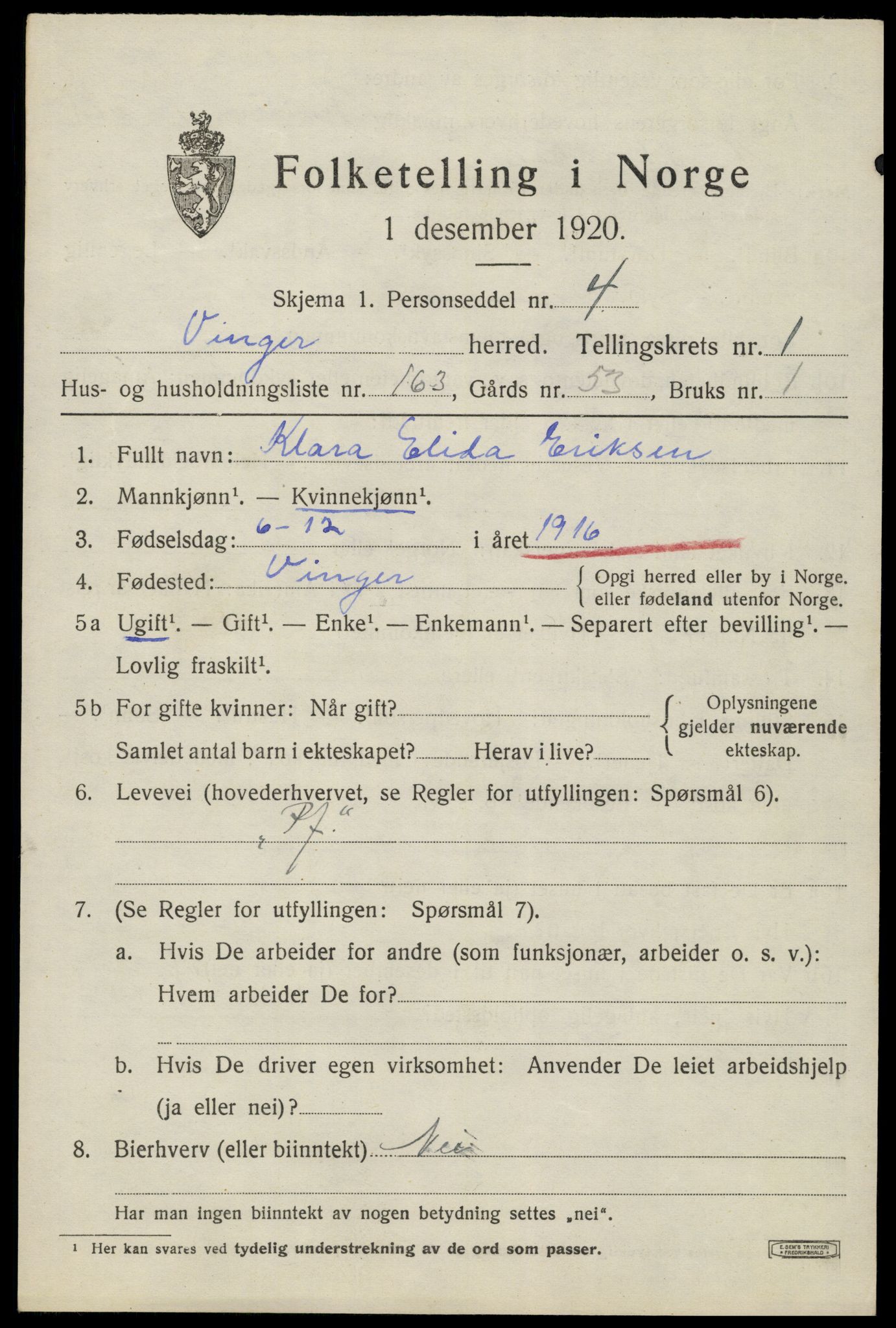 SAH, 1920 census for Vinger, 1920, p. 3962