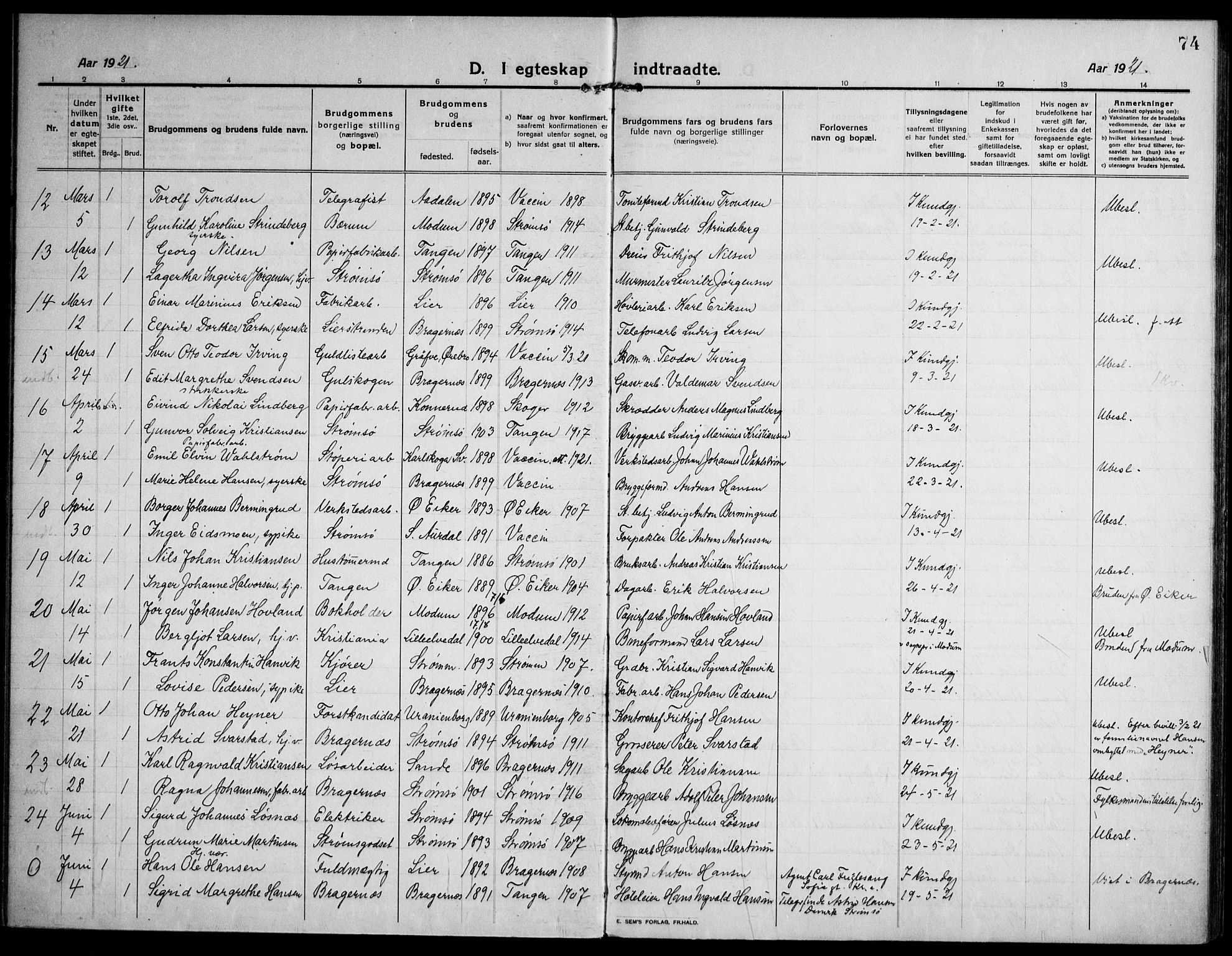 Strømsø kirkebøker, AV/SAKO-A-246/F/Fa/L0027: Parish register (official) no. I 28, 1912-1931, p. 74