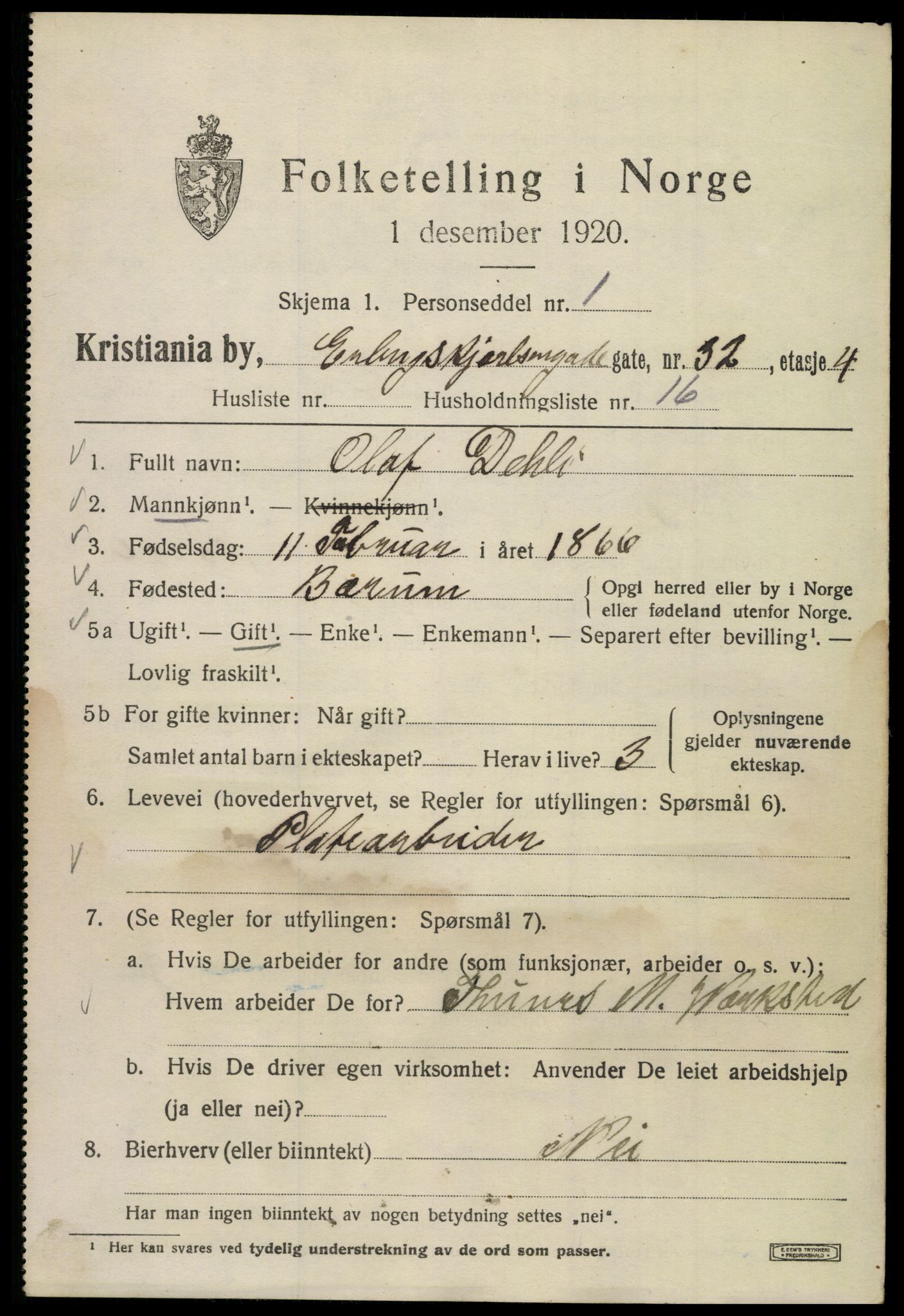 SAO, 1920 census for Kristiania, 1920, p. 222885