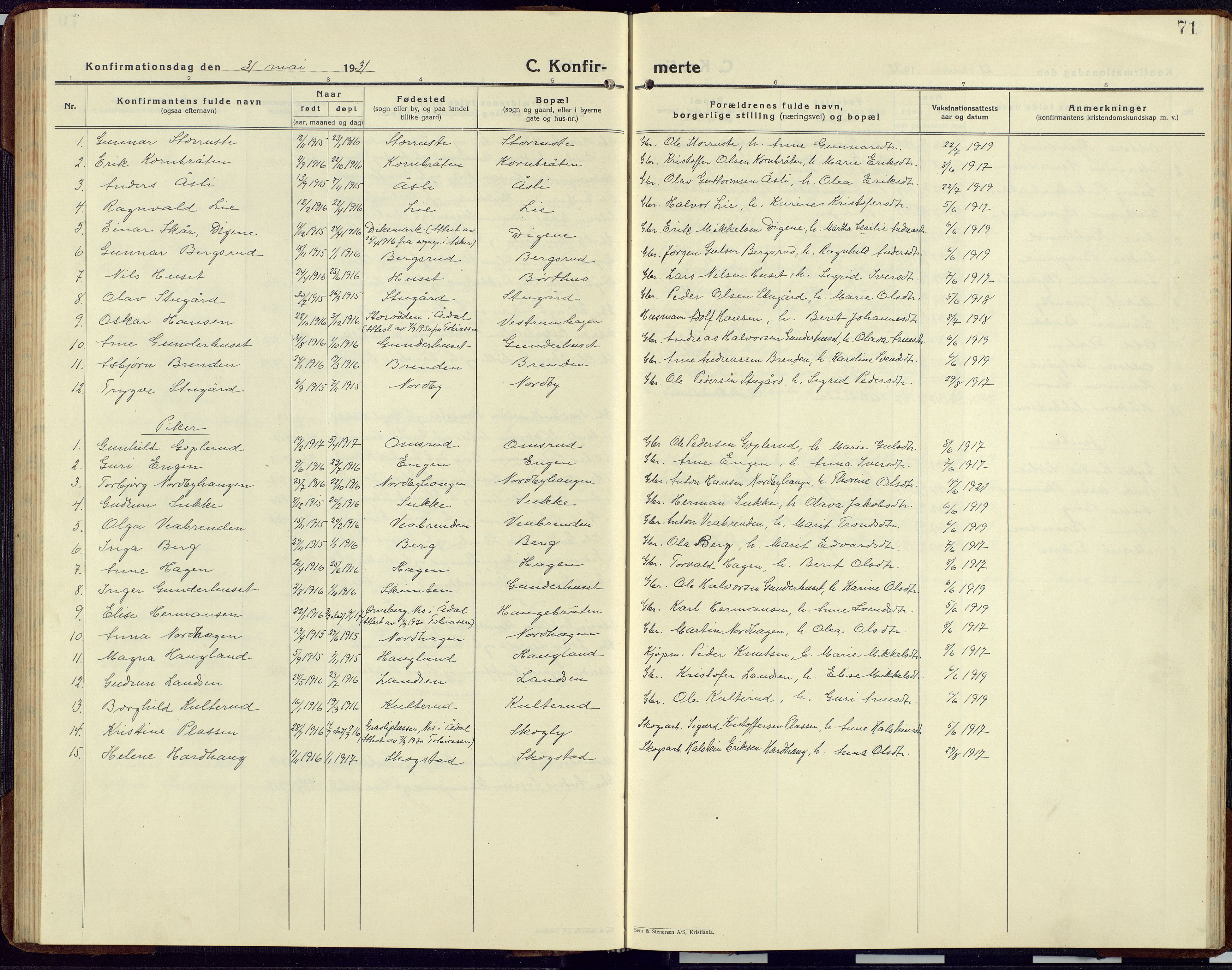 Sør-Aurdal prestekontor, AV/SAH-PREST-128/H/Ha/Hab/L0012: Parish register (copy) no. 12, 1924-1956, p. 71