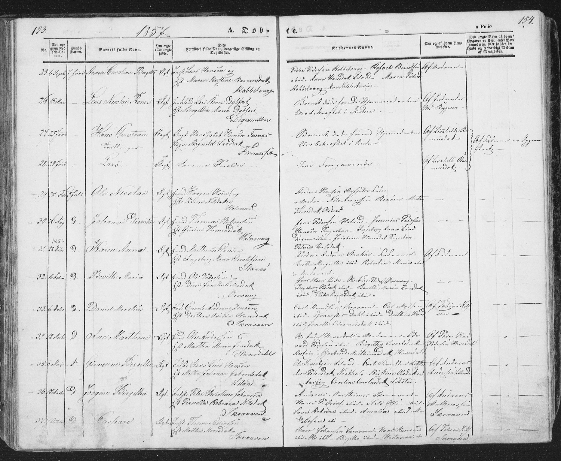 Ministerialprotokoller, klokkerbøker og fødselsregistre - Nordland, AV/SAT-A-1459/874/L1072: Parish register (copy) no. 874C01, 1843-1859, p. 153-154