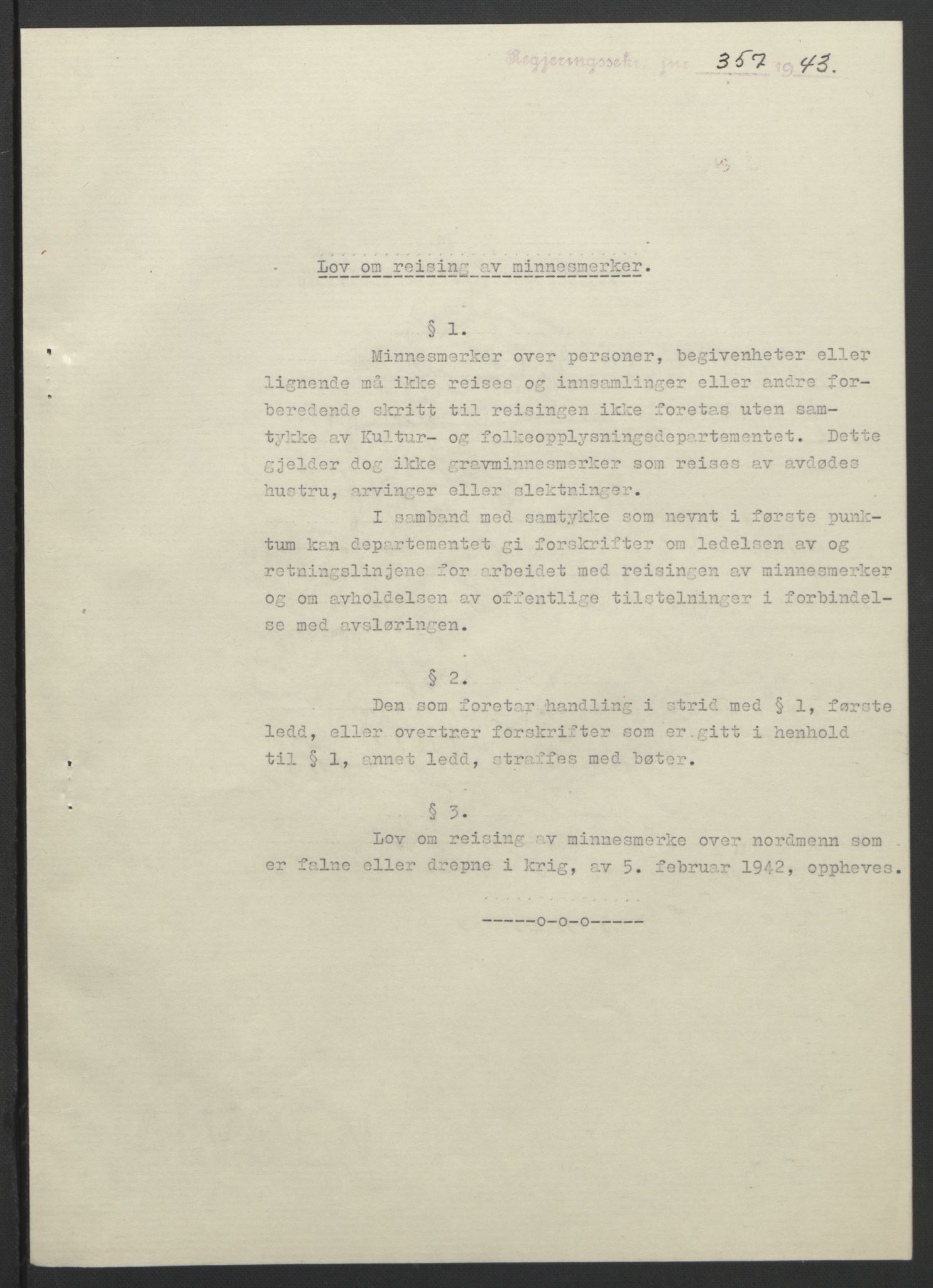 NS-administrasjonen 1940-1945 (Statsrådsekretariatet, de kommisariske statsråder mm), RA/S-4279/D/Db/L0099: Lover, 1943, p. 694