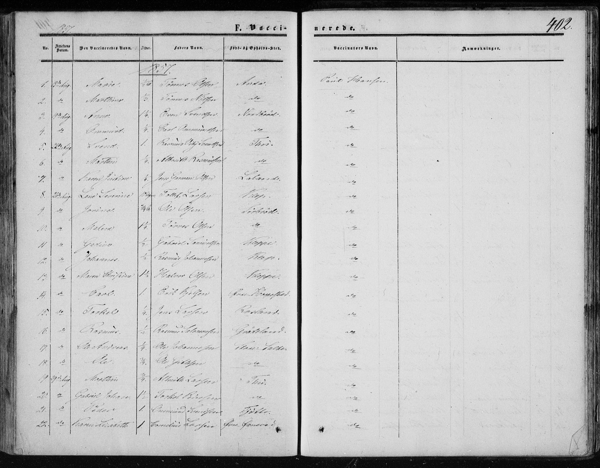 Klepp sokneprestkontor, AV/SAST-A-101803/001/3/30BA/L0005: Parish register (official) no. A 5, 1853-1870, p. 402