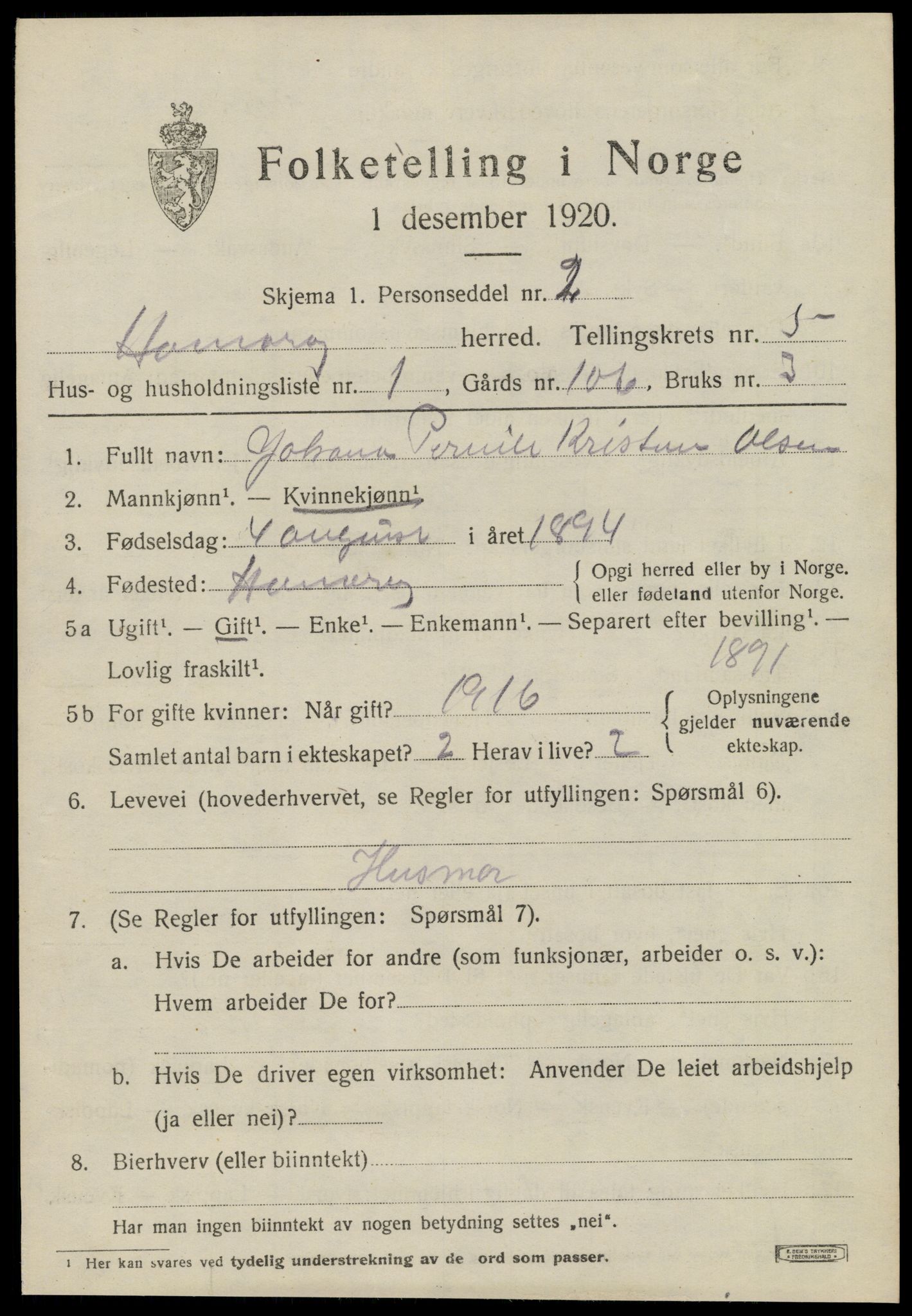 SAT, 1920 census for Hamarøy, 1920, p. 2646