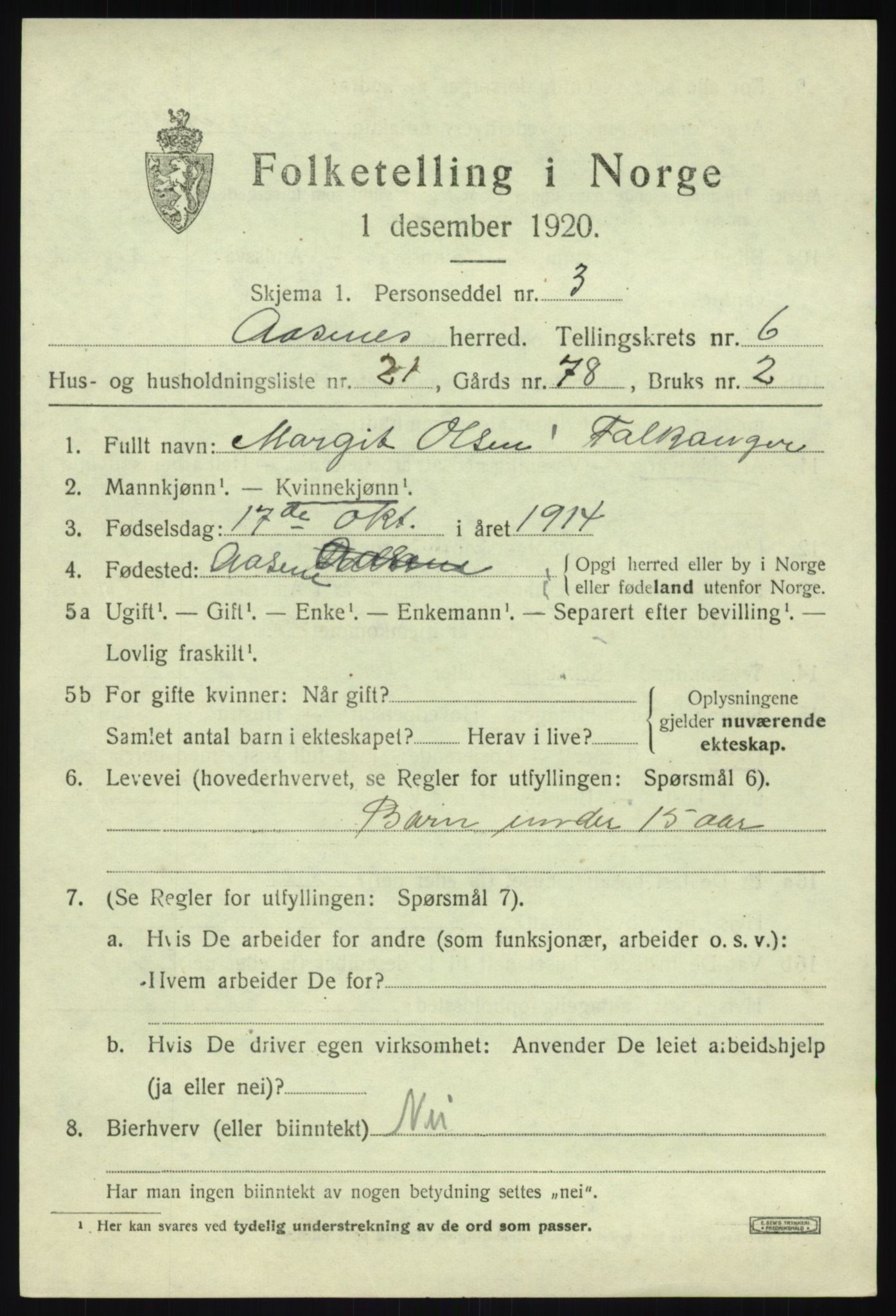 SAB, 1920 census for Åsane, 1920, p. 4387